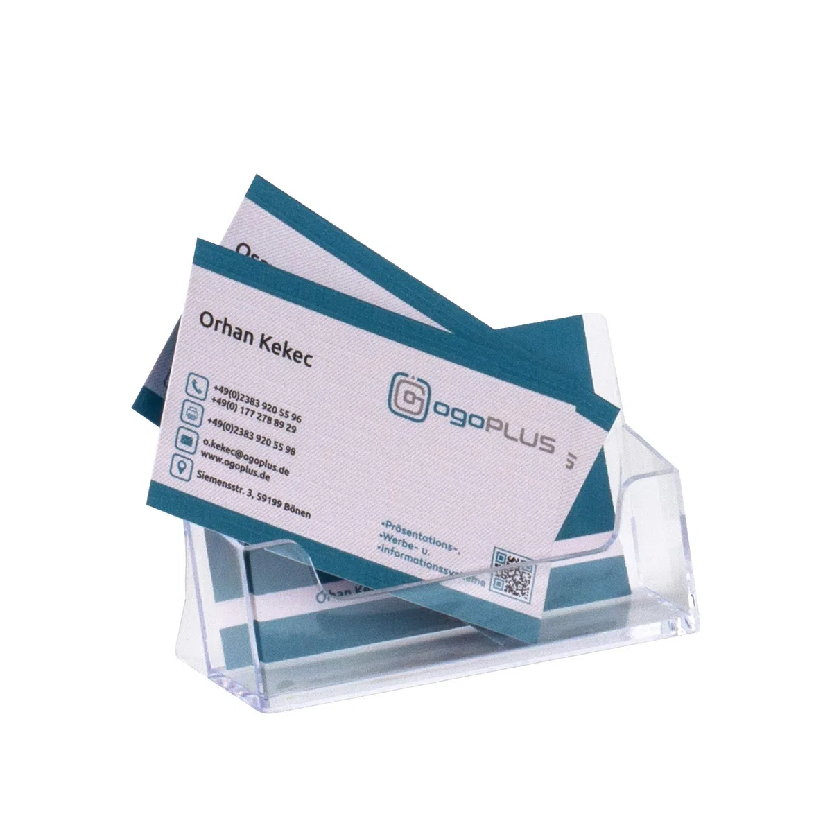 Visitenkartenständer Querformat transparent aus Polystyrol – stabiler Visitenkartenhalter für Theke, Büro, Empfang und Kassenbereich – ideal zur Präsentation von Visitenkarten