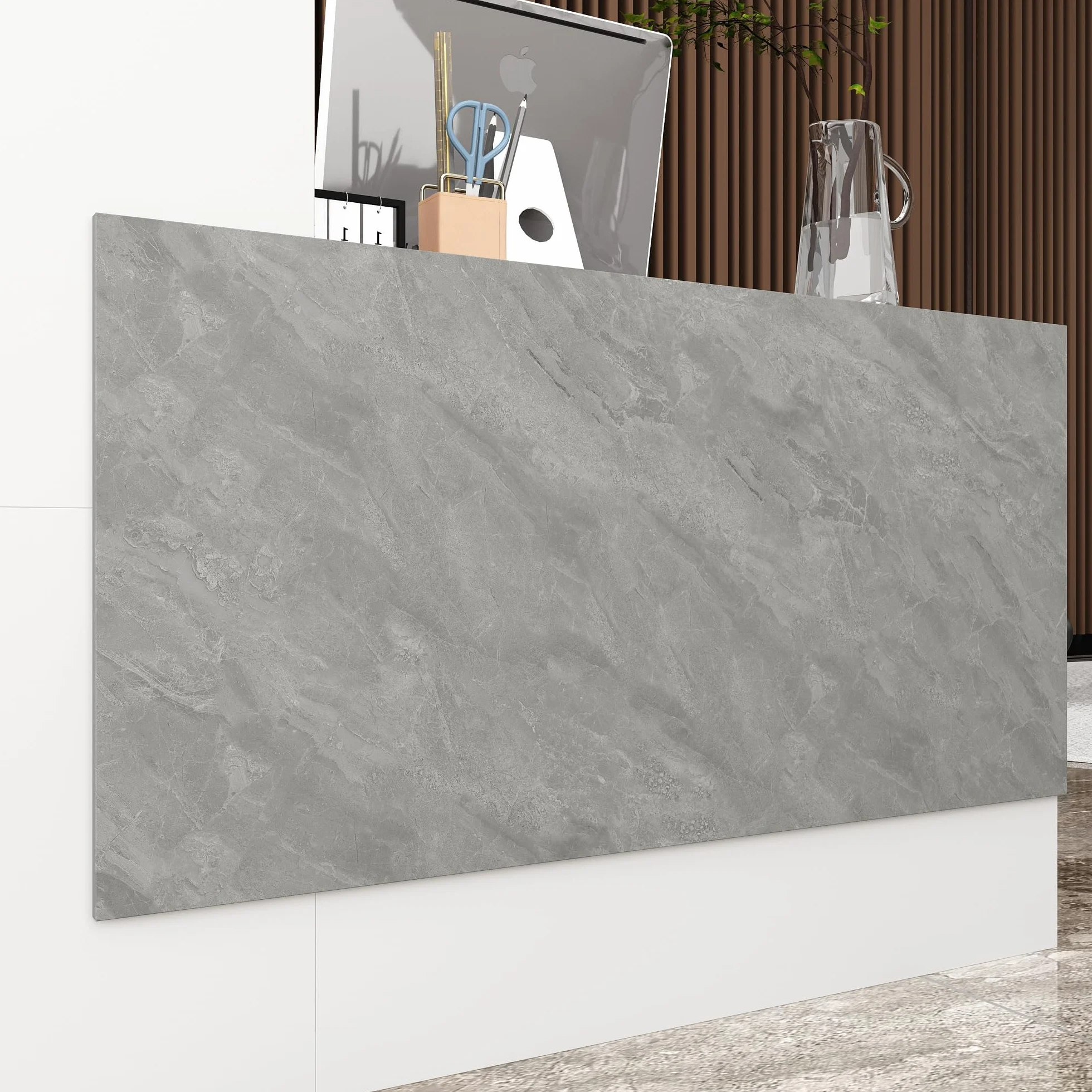 Empfangstheke, Großraum-Empfangstresen, Rezeption mit 6 Ablageflächen, Rezeptionstheken, Ladentheke, Verkaufstheke mit Tastaturschublade, Rezeptionsmöbe, MDF, 220x60x110cm, weiß + Steinfarben