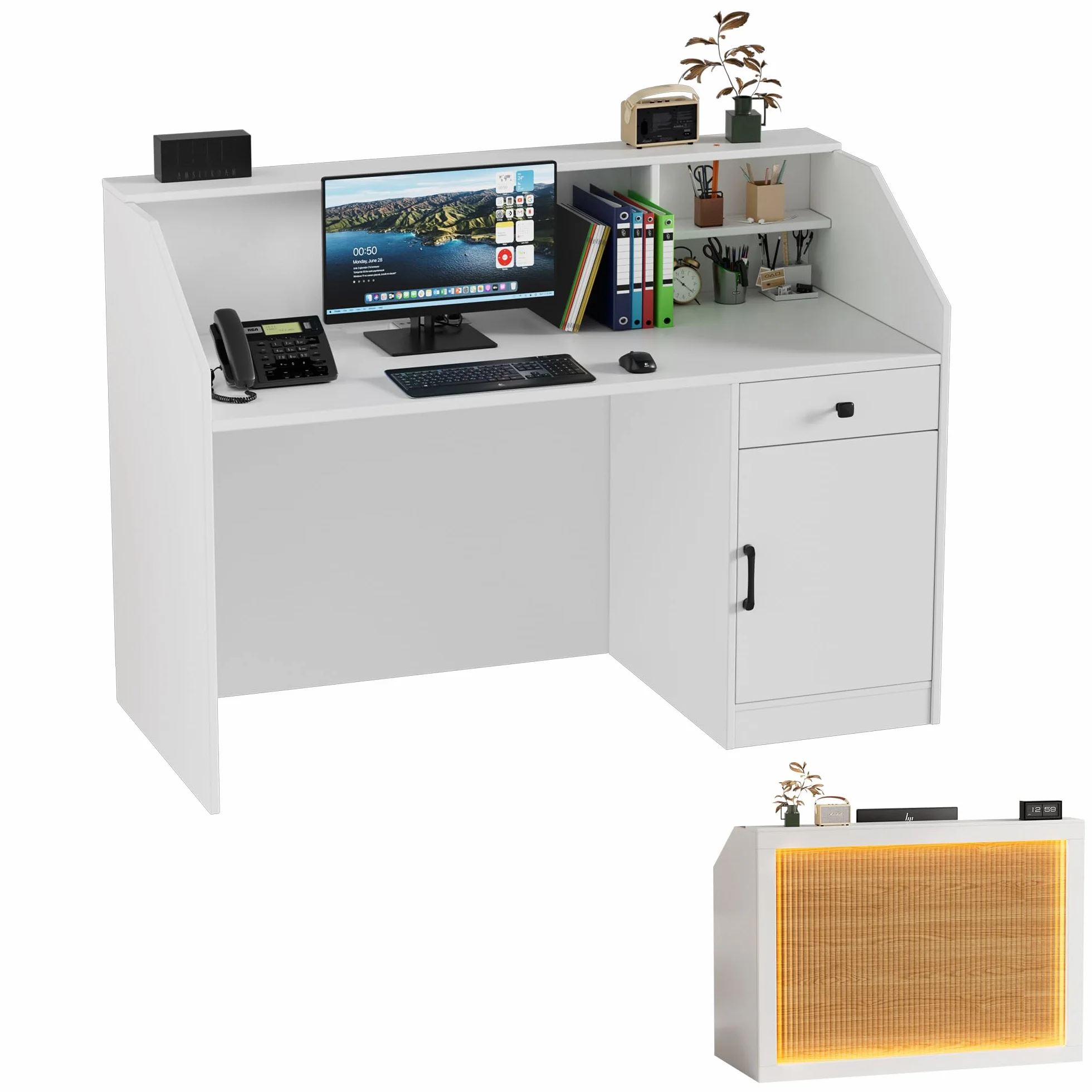 MSFE Empfangstheke mit LED,Verkaufstheke mit Schubladen,Schränke,Regale und Ladestation,Modern Holz Empfangsmöbel Rezeption Tisch Kompakt Fronttresen für Beauty Salon,Geschäft,Hotel,Büro,140*60*110CM