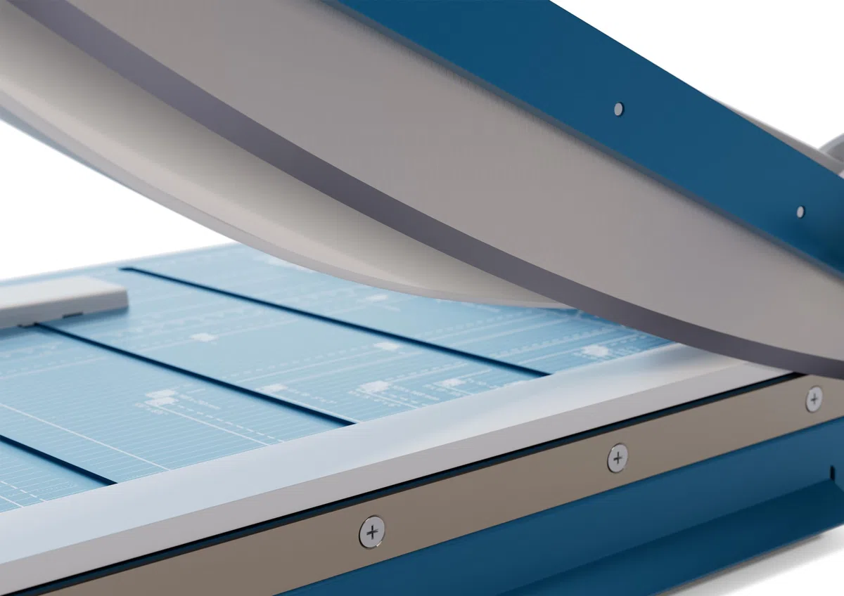 Dahle 867 Hebel-Schneidemaschine mit Sicherheitsautomatik (460 mm bis DIN A3, Schnitthöhe 3,5 mm, Metalltisch) Blau