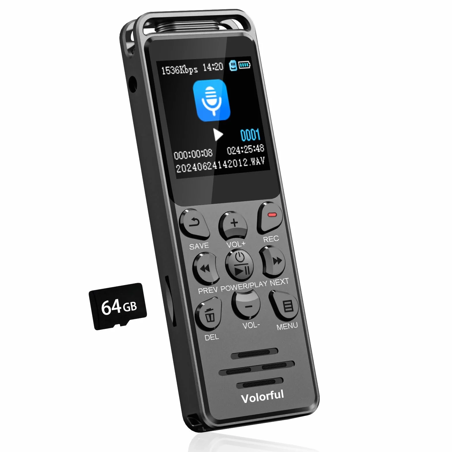 80GB Diktiergerät Digital 70 Std Aufnahmegerät, Volorful 1,44" Farbbildschirm Voice Audio Recorder, MP3 Player, USB-C Diktiergeräte mit Spracherkennung/Wiedergabe für Meeting Interview Vortrag