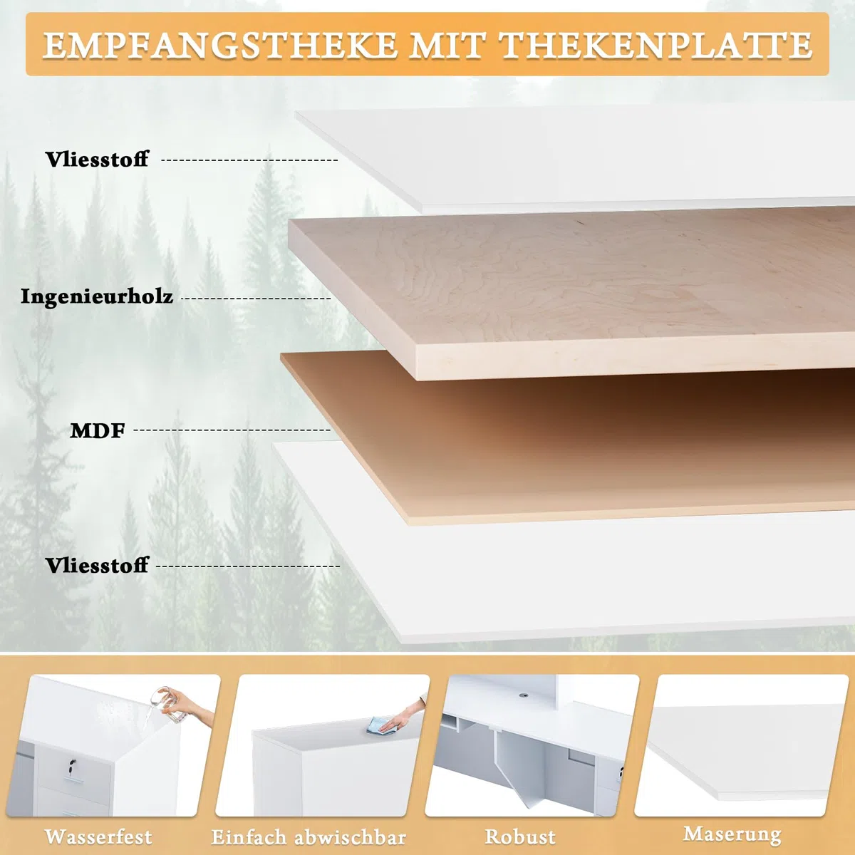L-förmig Empfangstheke, 180CM x 107CM x 105CM Empfangstresen mit Ablagefächern & Schublade, Reception Desk für Büro, geeignet für Salons, Lobbys (Weiß, Linker Schrank)