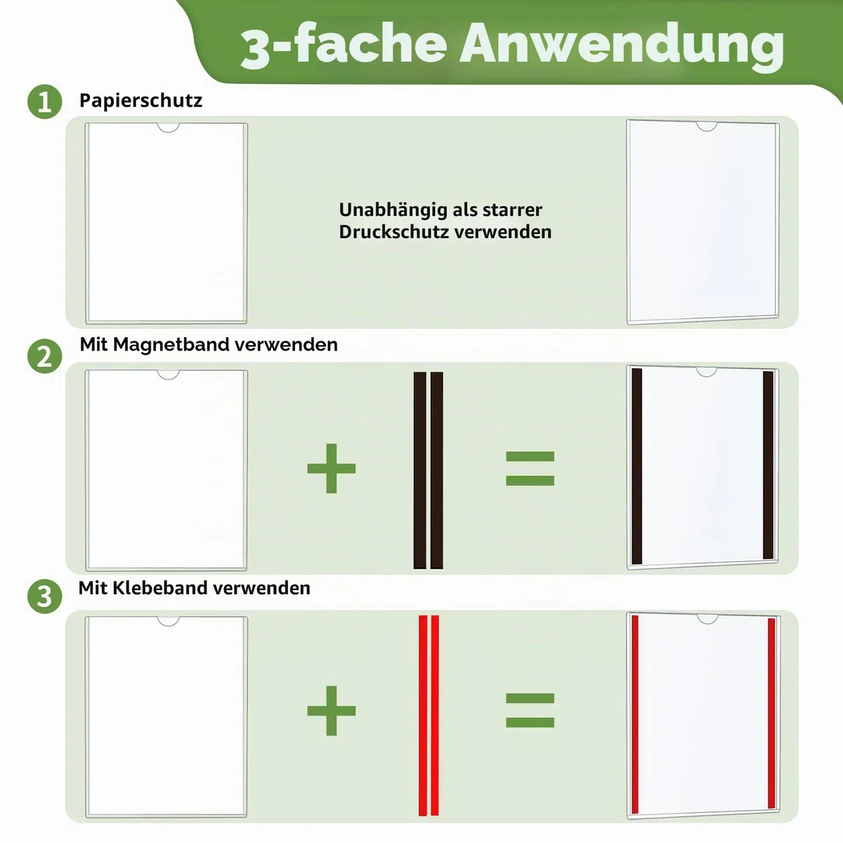Magnetischer Wandschilderhalter A4, starre Druckschutzfolie, Klebe- und Magnetband, Kunststoff-Papierhalter für Büro, Geschäft, Zuhause, 10 Stück