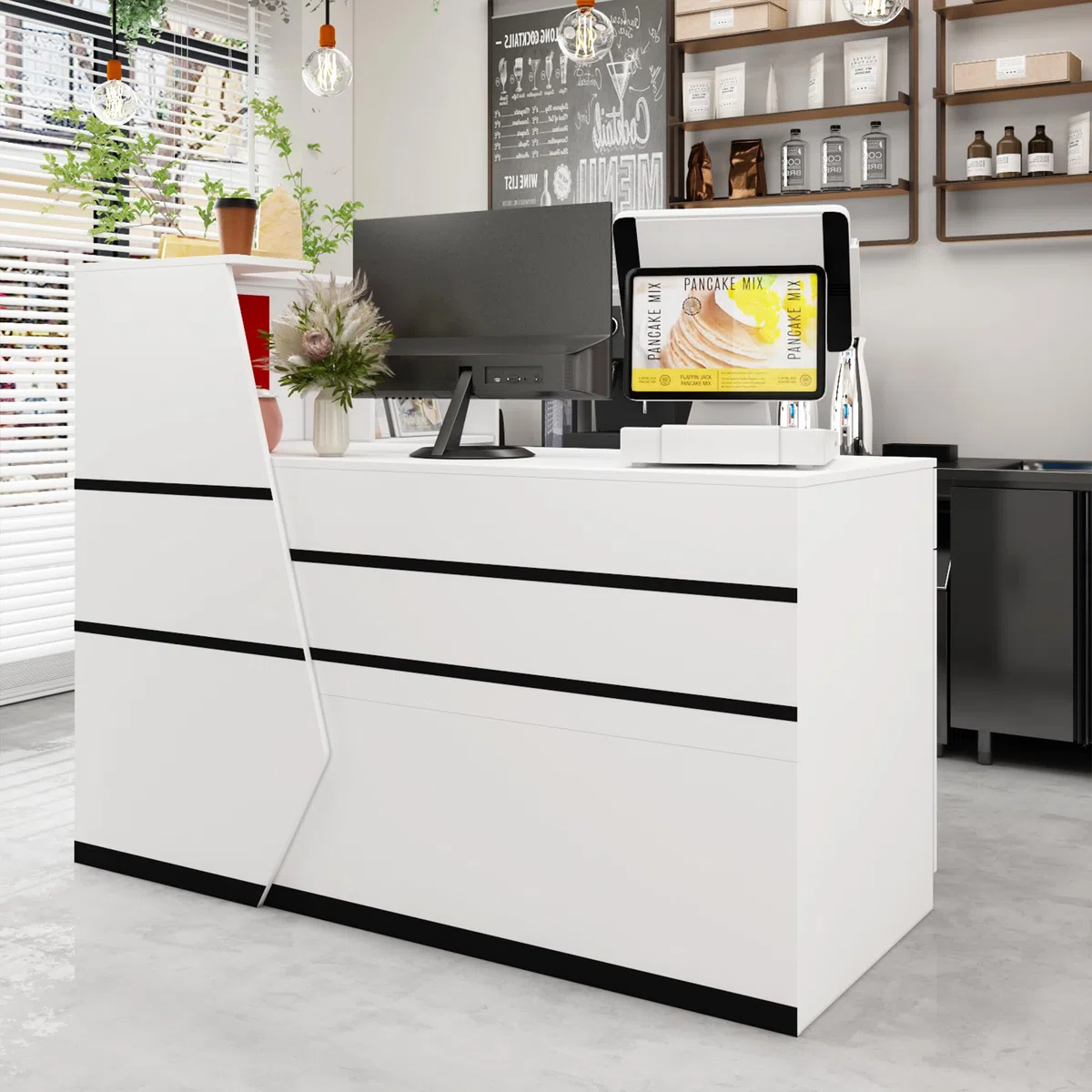 Empfangstheke, Empfangstresen, Rezeptionstisch, Rezeptionstheke mit 1 Schubladen und 1 Schrank, Empfangstheken, Rezeptionstheken mit Tastaturschublade, Bürotheke, MDF, 140 x 100 x 110 cm