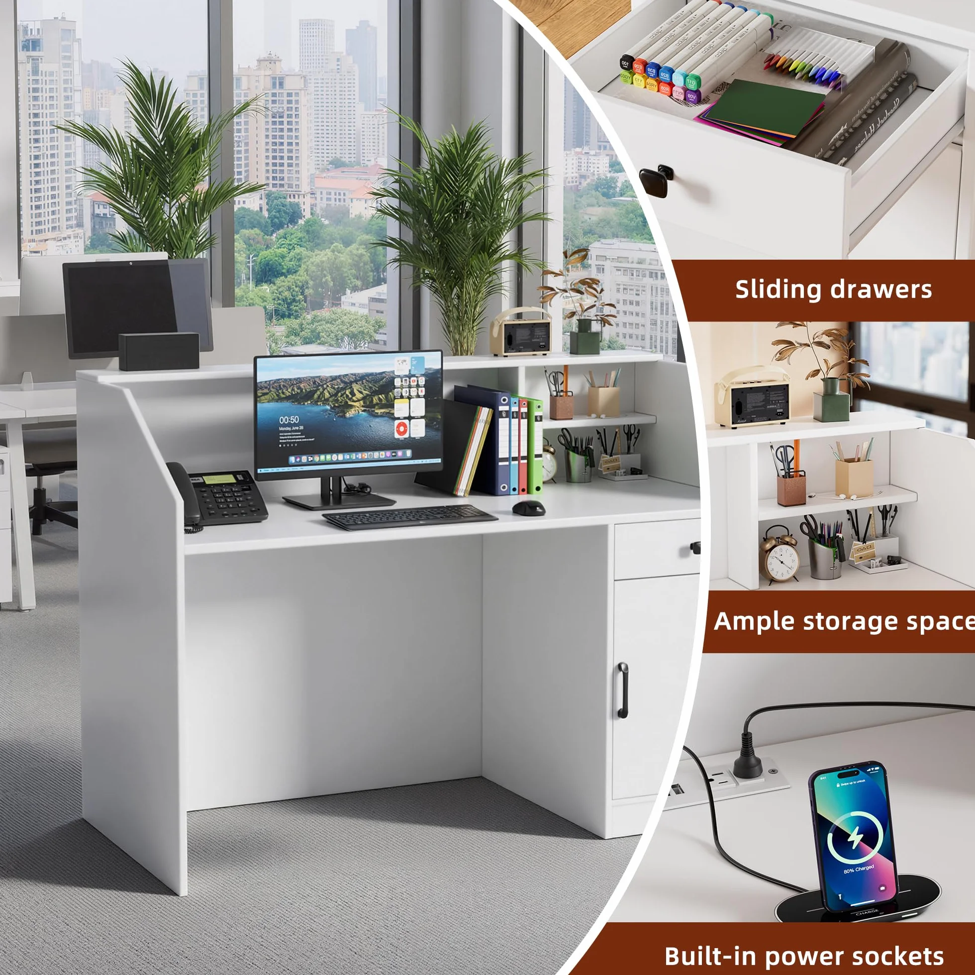 MSFE Empfangstheke mit LED,Verkaufstheke mit Schubladen,Schränke,Regale und Ladestation,Modern Holz Empfangsmöbel Rezeption Tisch Kompakt Fronttresen für Beauty Salon,Geschäft,Hotel,Büro,140*60*110CM