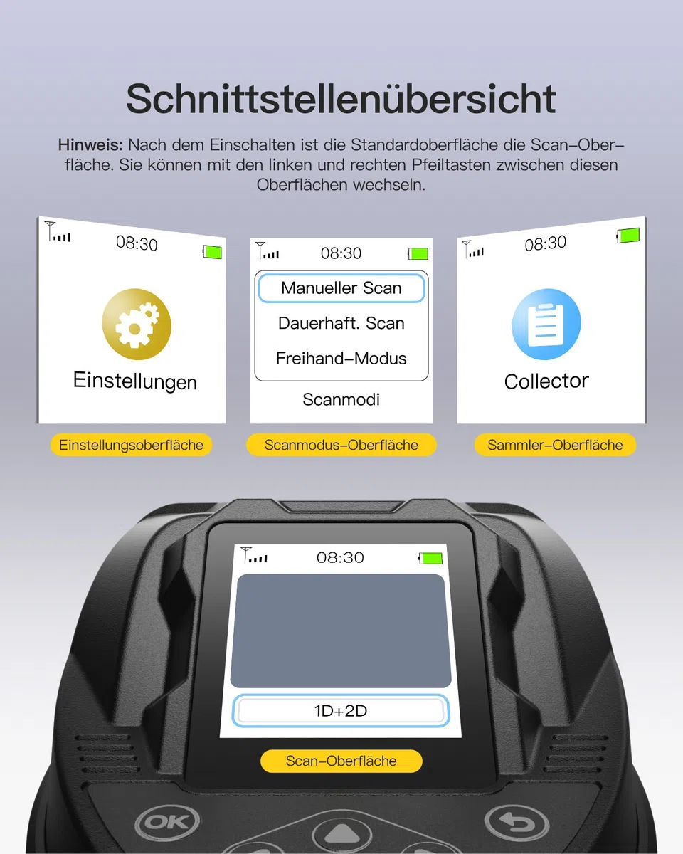 Inateck Barcode Scanner Bluetooth, 2D 1D Wireless Handheld Scanner, QR Code Scanner, mit Screen und Smart Base, CMOS CCD Dual Module, Größere Reichweite, Unterstützt App SDK, P8 SE