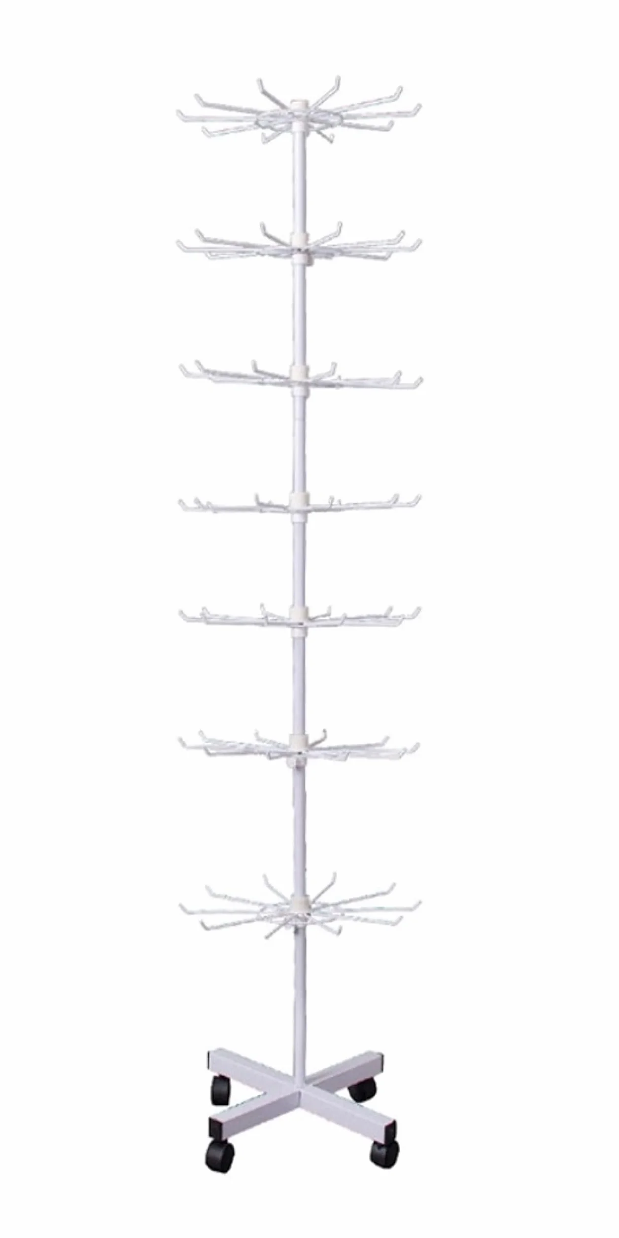 2er Set - Verkaufsständer drehbar Höhe 155cm | rollbares Warenständer 7 Etagen | Drehständer mit 70x Haken aus Metall | Ständer Ladenausstattung Theke | Ladeneinrichtung Kleinartikelständer in [weiß]