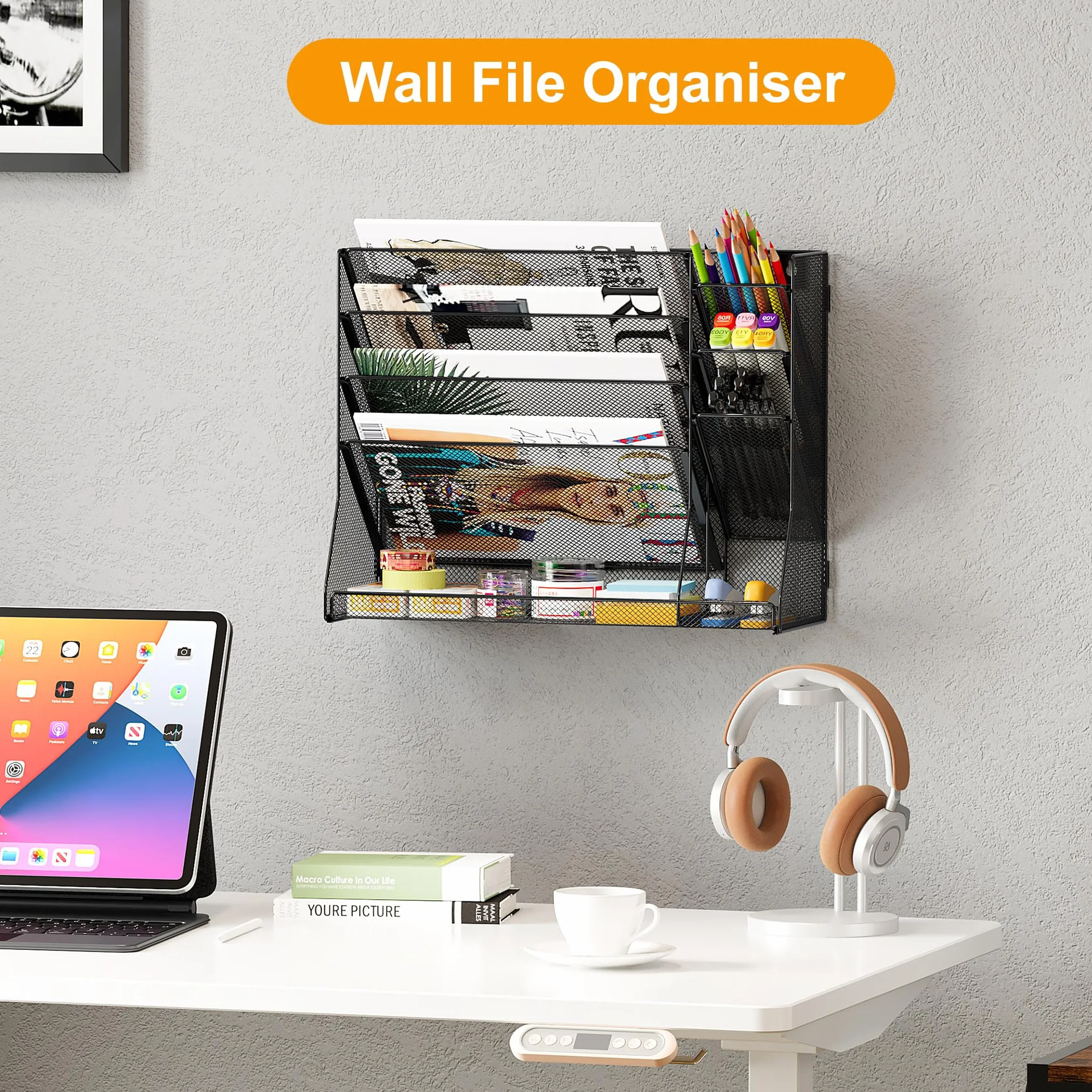 TQVAI 5 Fächer Metall Zeitschriftenhalter Wand Dokumenten Organizer mit 3 Stiftehalter A4 Papier Flyerhalter Postsortierer Dokumentenablage für Büro Zuhause Schule, Schwarz
