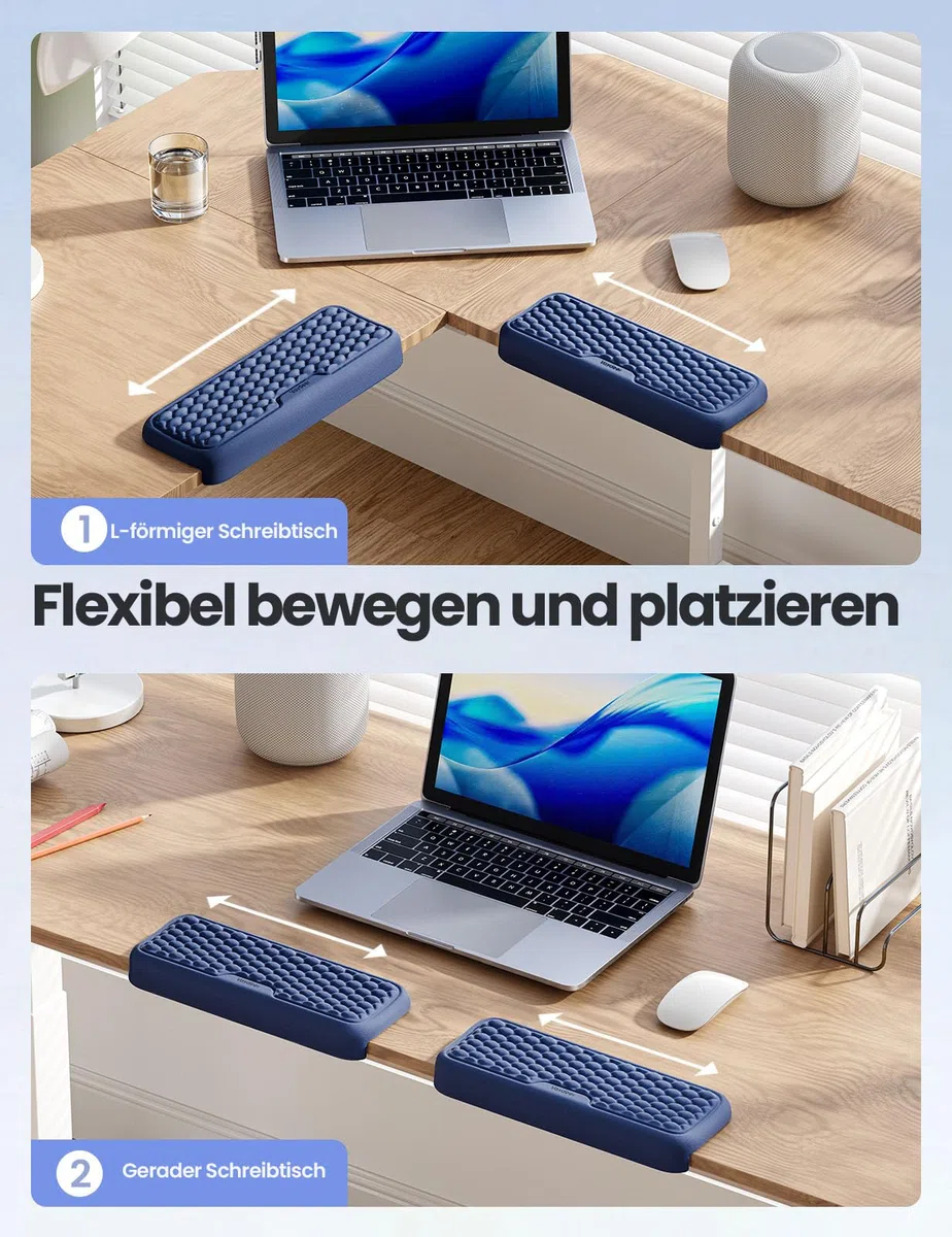 VAYDEER L-förmige Armauflage für Schreibtischkante, 2er Set Ergonomische Ellbogen- & Handgelenkauflage aus Memory-Schaum, Rutschfeste Unterarmstütze für Büro, Homeoffice & Gaming – Blau