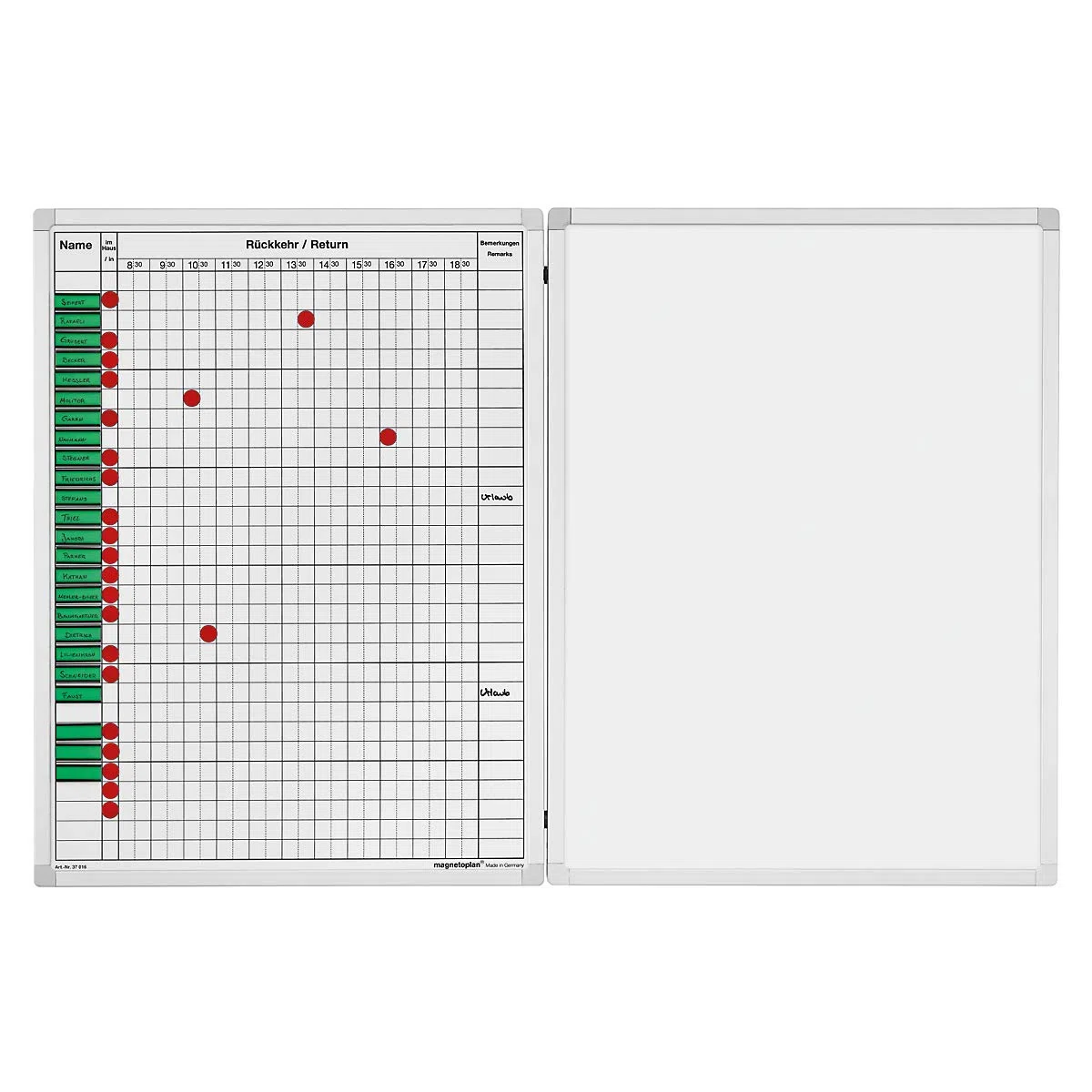 magnetoplan An und Abwesenheitsplaner, Aluminiumrahmen mit Zubehör für 30 Mitarbeiter, magnethaftendes Whiteboard, 45 x 60 cm, weiß