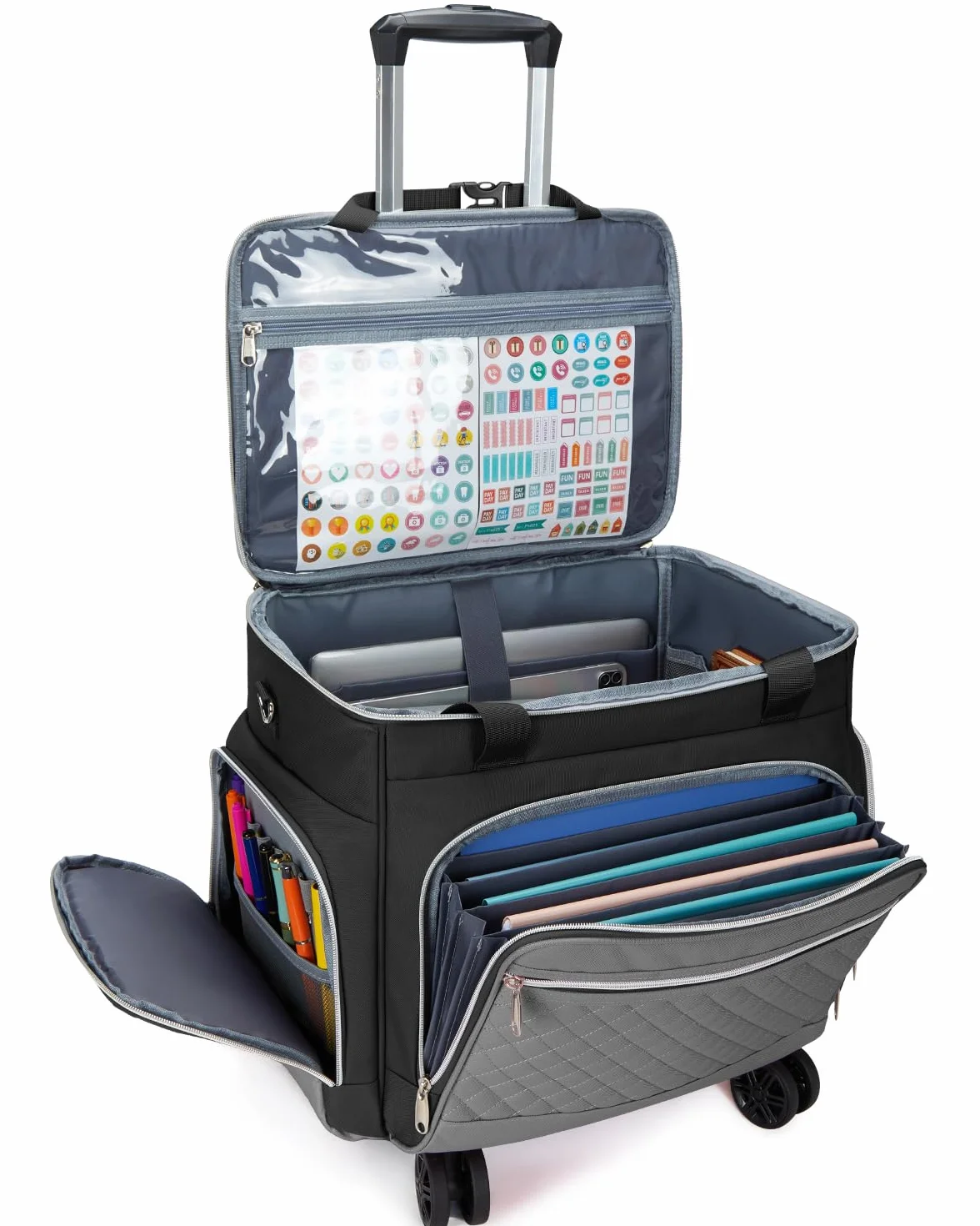 Amythe Lehrertasche mit Rollen Damen mit Akkordeon-Aktenordner, Abnehmbarer Trolley mit 5 Rädern mit Gepolsterten Taschen für 15.6 Zoll Laptop Reisen/Schule/Büro, Schwarz
