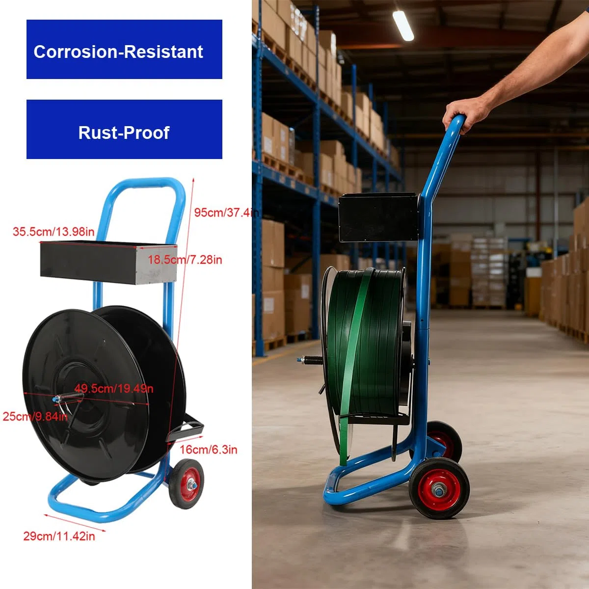 Abrollwagen Umreifungswagen für PP PET Polyesterfaserband Umreifungsbänder Umreifungsgerät, Fahrbarer Abroller Verpackungsriemenwagen für Kerndurchmesser 203 mm, Max Load 70Kg