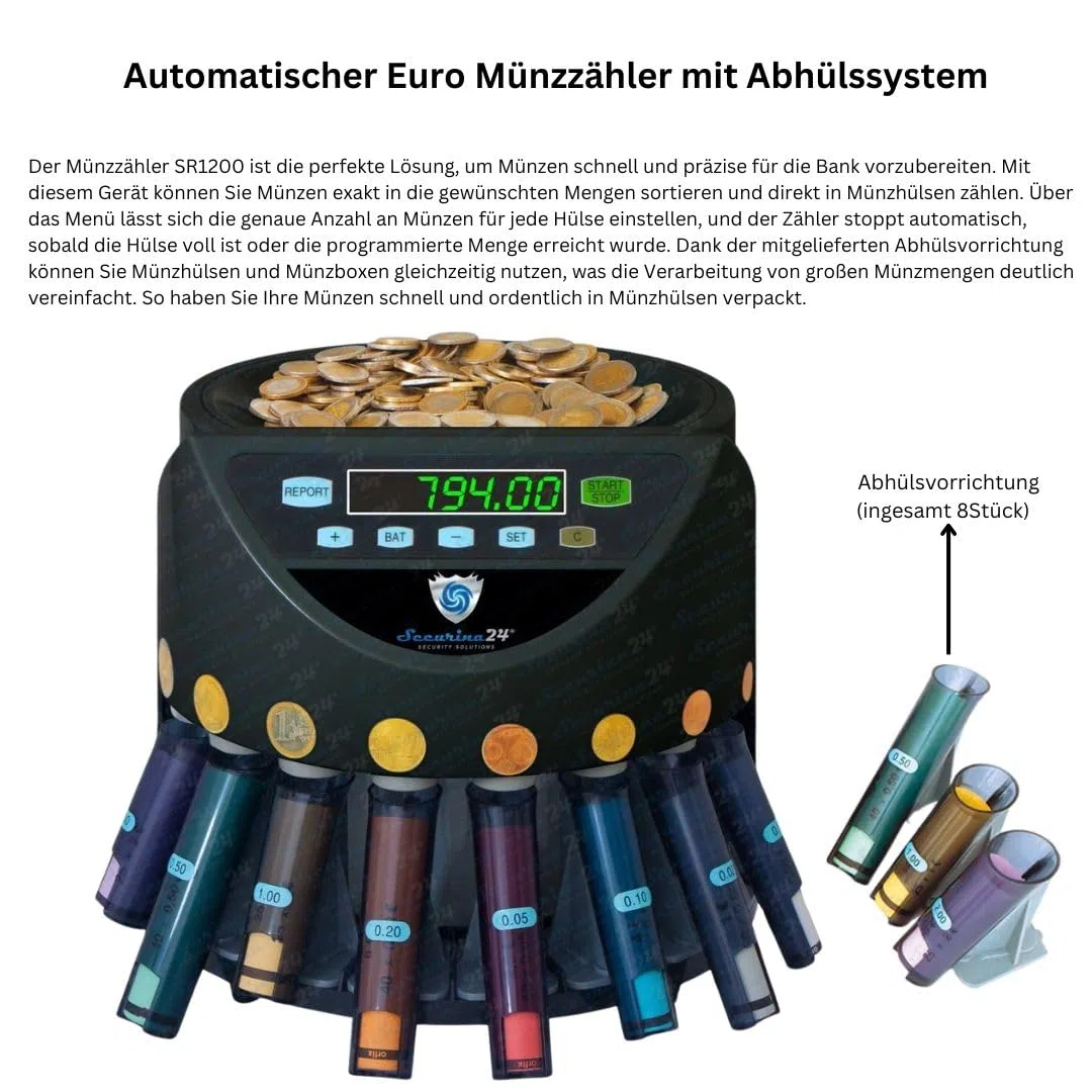Automatischer Euro Münzzähler & -sortierer Geldzählmaschine SR1200 mit Abhülsung Geldzähler Münzzählautomat Securina24 (schwarz - BBB)