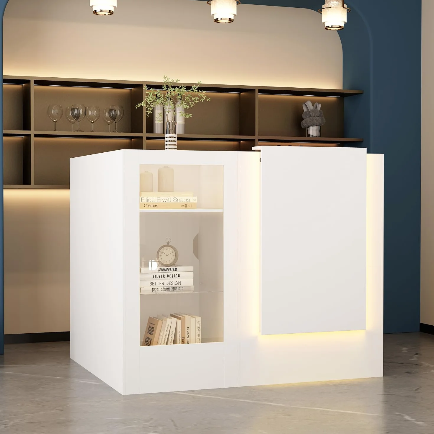 Weißer Eck-Empfangstheke,Eck-Empfangstisch mit Tastaturschublade und 2 Schränken, Empfangstresen mit Lichtleisten, Empfangstresen mit gehärteter Glasplatte, Rezeptionstisch,120 x 122 x102 cm