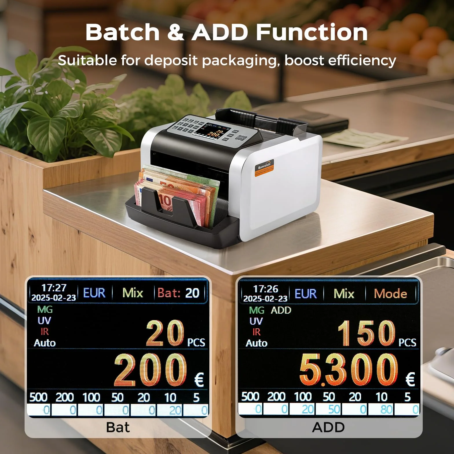 Bonvoisin Geldzählmaschine Scheine, Wertzählung für gemischte EUR-Banknoten mit UV/MG/IR-Falschgelderkennung, 1000 Stück/min, Professionell Banknotenzähler mit externem Display