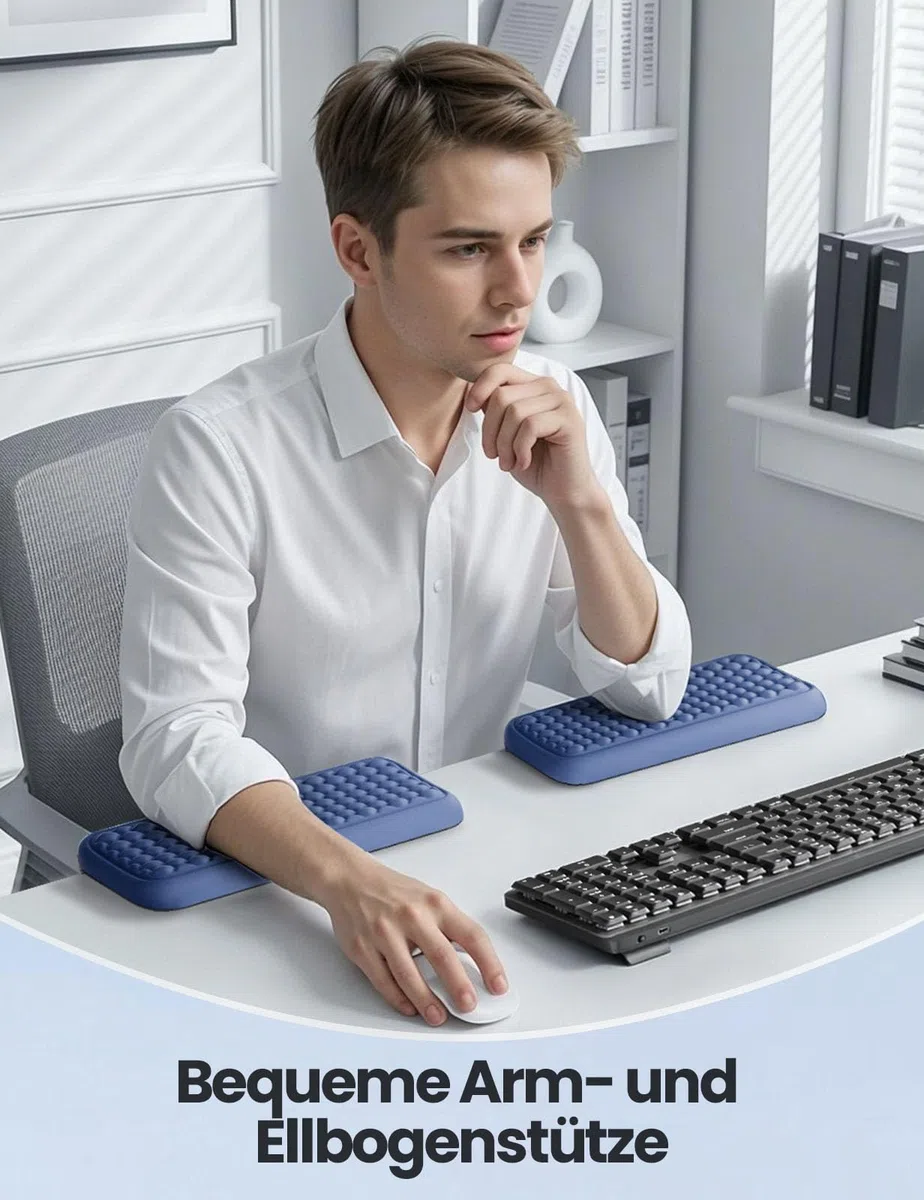 VAYDEER L-förmige Armauflage für Schreibtischkante, 2er Set Ergonomische Ellbogen- & Handgelenkauflage aus Memory-Schaum, Rutschfeste Unterarmstütze für Büro, Homeoffice & Gaming – Blau