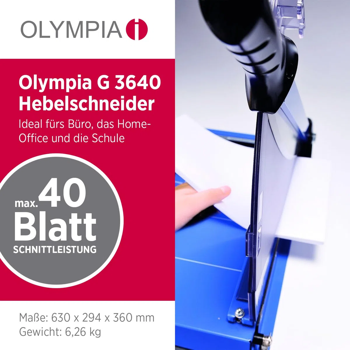 Olympia G 3640 Premium Hebelschneider | hochwertiger Papierschneider A4 bis zu 40 Blatt | 360 mm Arbeitsbreite | Fingerschutz & automatische Fixierung | Papierschneidemaschine | Schneidegerät | blau