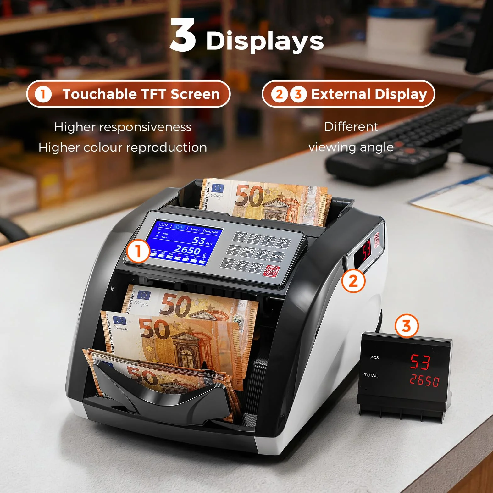 Bonvoisin Geldzählmaschine, Wertzähler für Sortierte Banknoten, Banknotenzähler mit UV/IR/MG-Falschgelderkennung, 1000 Stück/min, Geldzähler mit Touchscreen (Mischbeträge nicht Zählbar)