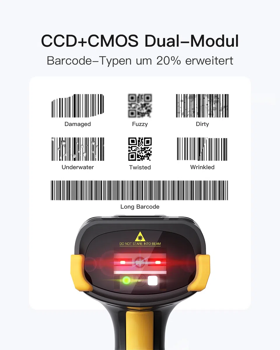 Inateck Barcode Scanner Bluetooth, 2D 1D Wireless Handheld Scanner, QR Code Scanner, mit Screen und Smart Base, CMOS CCD Dual Module, Größere Reichweite, Unterstützt App SDK, P8 SE
