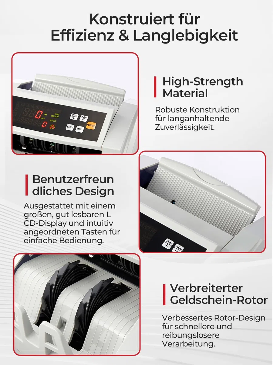 FOHERE Geldzählmaschine, Professioneller Geldzähler mit UV/MG/IR/DD Fälschungserkennung, 1100 Banknoten/Minute, LCD-Display, Wert- und Batch-Modus für Geschäfte, Banken und Restaurants