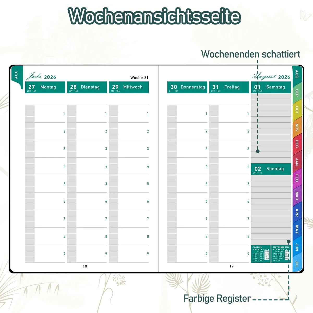 ZXHQ Lehrerkalender 2026–2027 A5+, Lehrerplaner/Wochenplaner für Lehrer und Schule, Hardcover, 208 Seiten, Farbig Gestaltete Innenseiten & Monatsregister, Mit Innentasche, 16,5 x 22 cm, Salbeigrau