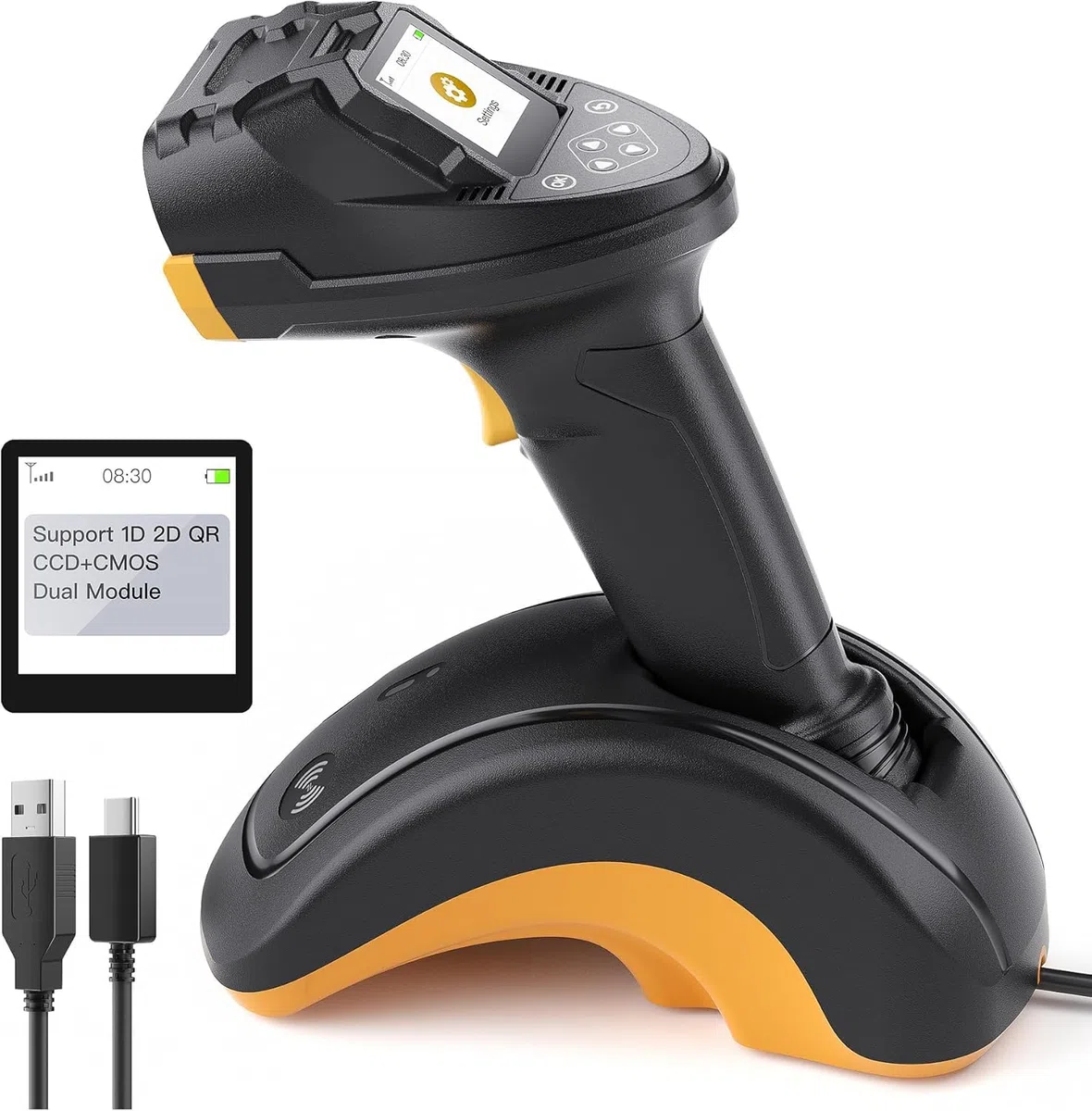 Inateck Barcode Scanner Bluetooth, 2D 1D Wireless Handheld Scanner, QR Code Scanner, mit Screen und Smart Base, CMOS CCD Dual Module, Größere Reichweite, Unterstützt App SDK, P8 SE