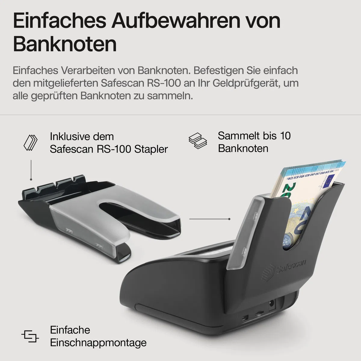 Safescan 155-S & RS-100 automatischer Geldscheinprüfer zur schnellen Überprüfung von Geldscheinen - Falschgeldprüfgerät mit 7-facher Echtheitsprüfung - 100% genaues Prüfgerät inkl. Banknotenstapler