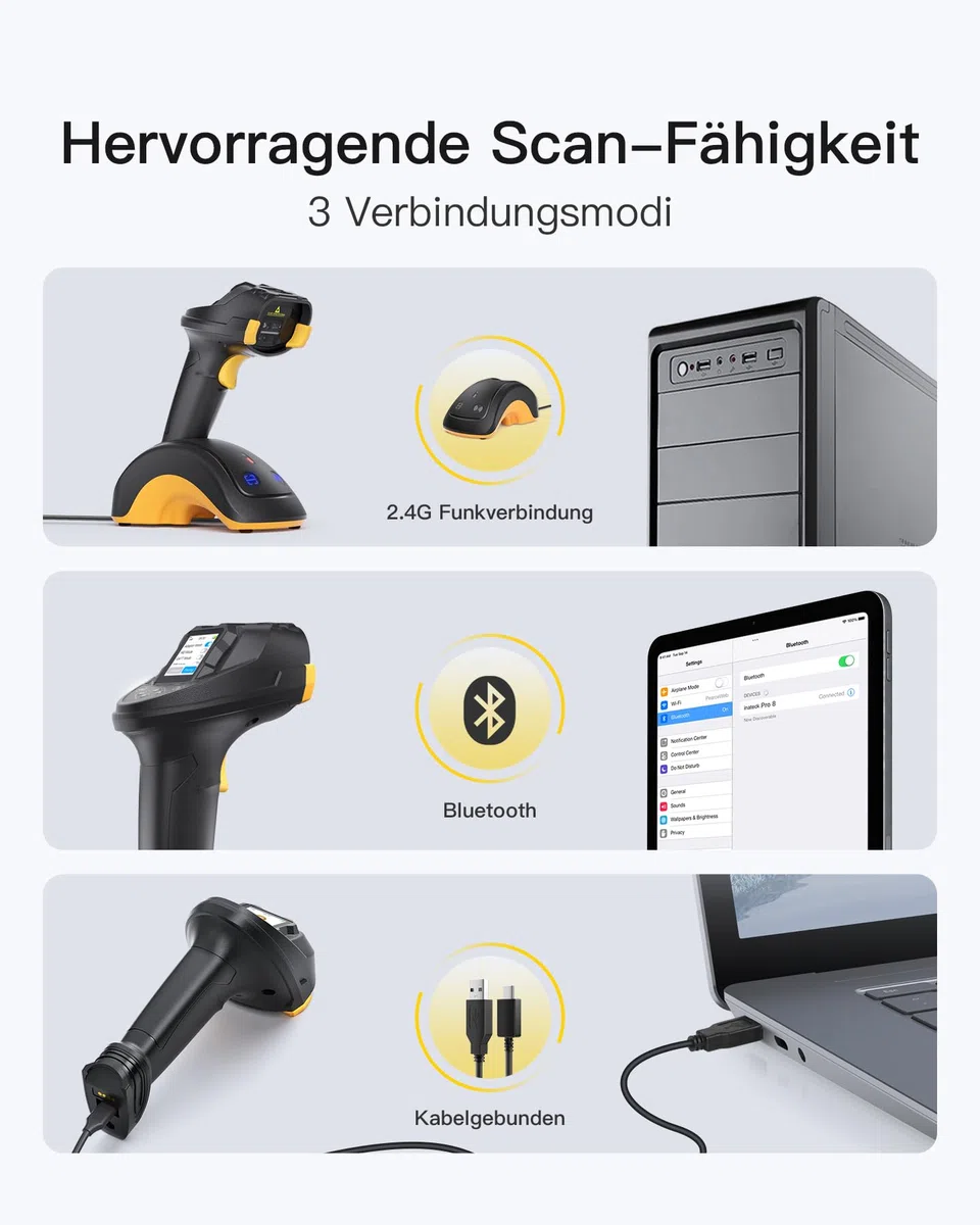 Inateck Barcode Scanner Bluetooth, 2D 1D Wireless Handheld Scanner, QR Code Scanner, mit Screen und Smart Base, CMOS CCD Dual Module, Größere Reichweite, Unterstützt App SDK, P8 SE