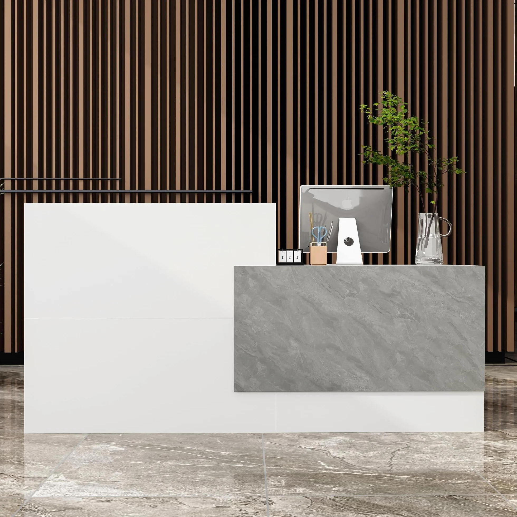 Empfangstheke, Großraum-Empfangstresen, Rezeption mit 6 Ablageflächen, Rezeptionstheken, Ladentheke, Verkaufstheke mit Tastaturschublade, Rezeptionsmöbe, MDF, 220x60x110cm, weiß + Steinfarben