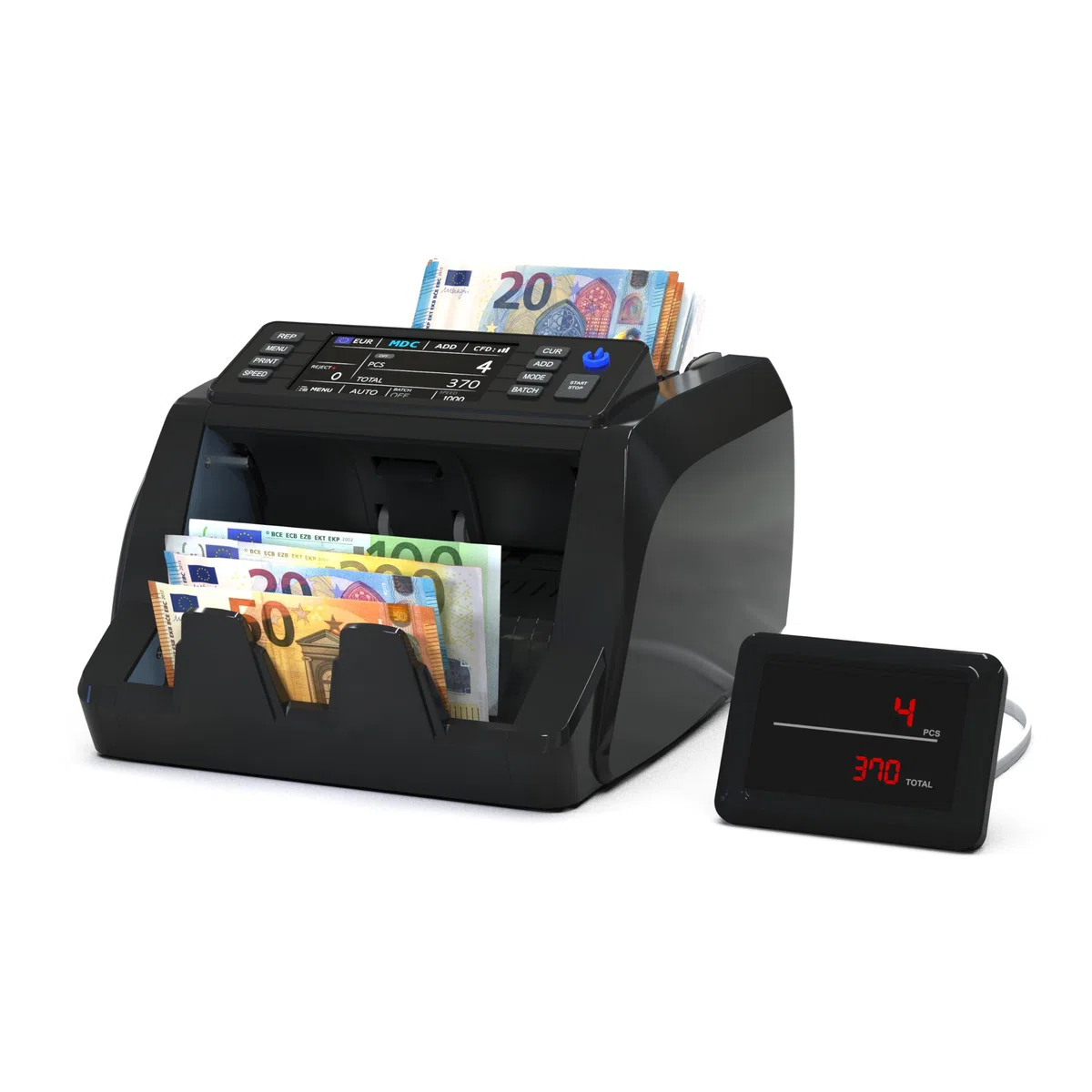Detectalia V20 Banknotenzähler mit UV/MG/IR/MT/CIS Erkennung, 4,5” Touchscreen + Externes Display, Seriennummern-Lesung, Multiwährungs-Mischzählung (EUR/GBP/CHF/USD/SEK/PLN/TRY/DKK), 1200 Scheine/Min