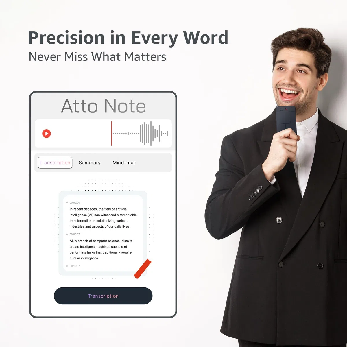 KI-Sprachrekorder, ATTO Note spezielle App zum Transkribieren und Zusammenfassen mit KI-Technologie, Unterstützung mehrerer Sprachen, Audiorecorder für Vorlesungen, Meetings, Memos, Anrufe – 64 GB