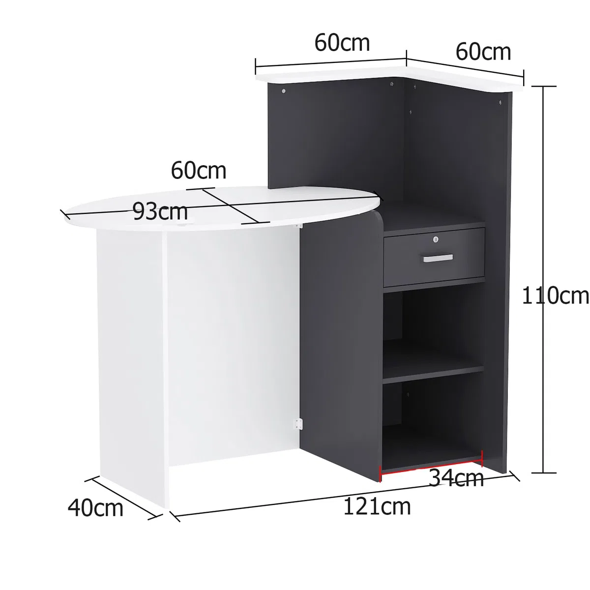 Rezeptionstheken, Rezeptionstresen, Empfangstheken, Empfangstresen, Rezeption Büromöbel, Rezeption Schreibtisch, Rezeptionstheke, Weiß und Schwarz, MDF, 40x121x110cm