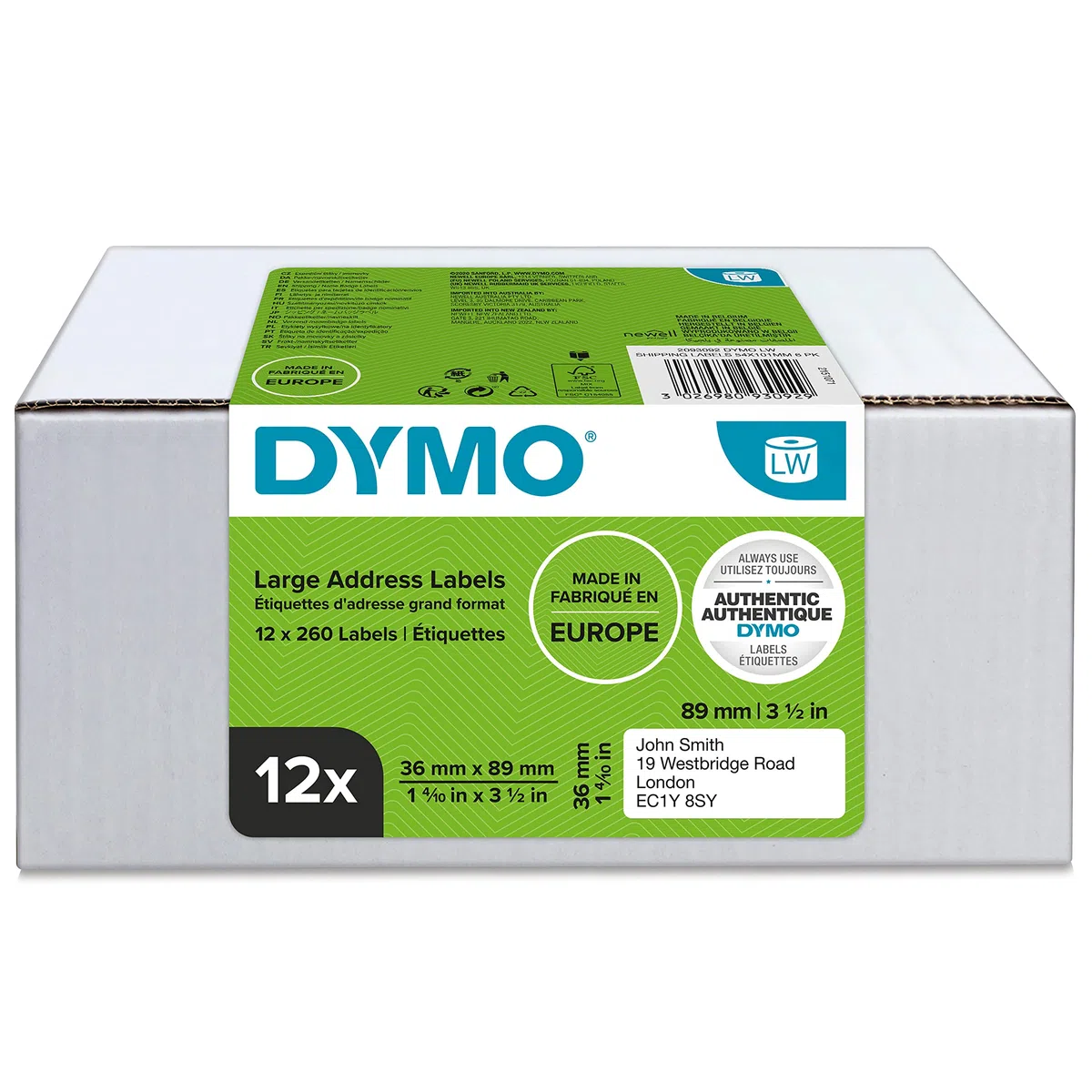 DYMO Original LabelWriter Adressetiketten (groß) | 36 mm x 89 mm | 12 Rollen mit je 130 leicht ablösbaren Etiketten (1.560 Etiketten) | selbstklebende Etiketten | für LabelWriter-Beschriftungsgerät