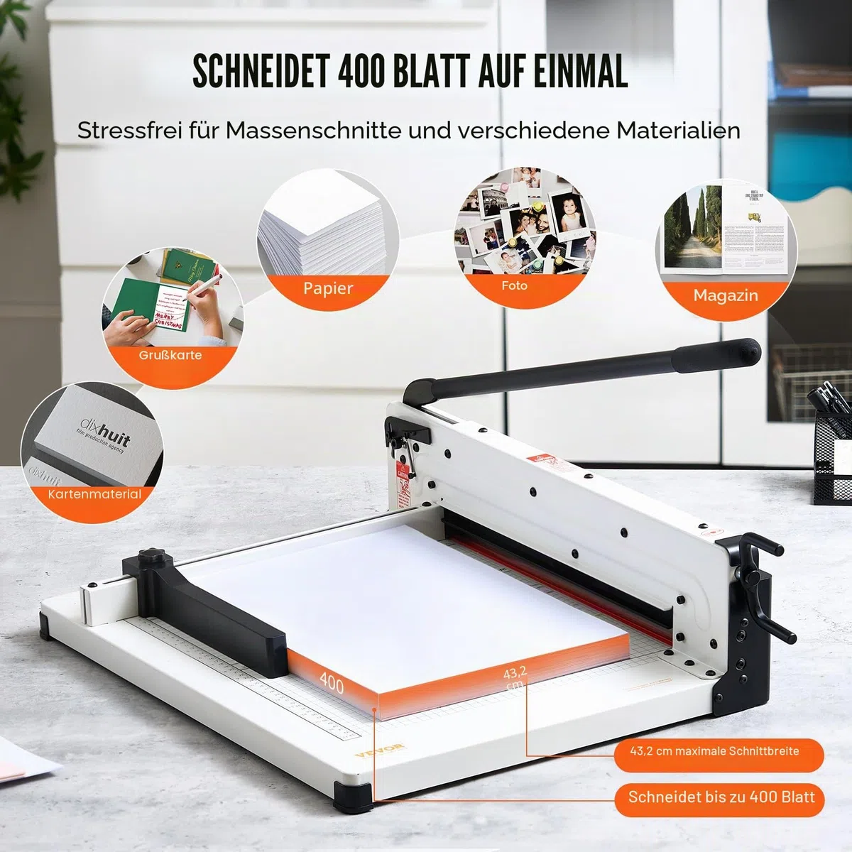 VEVOR Papierschneider manuelle Schneidemaschine (bis A3 Papier, 400 Blatt Kapazität), Papierschneidemaschine Hebelschneider, Guillotine-Schere für Papier höchste Präzision Büro Zuhause Schule
