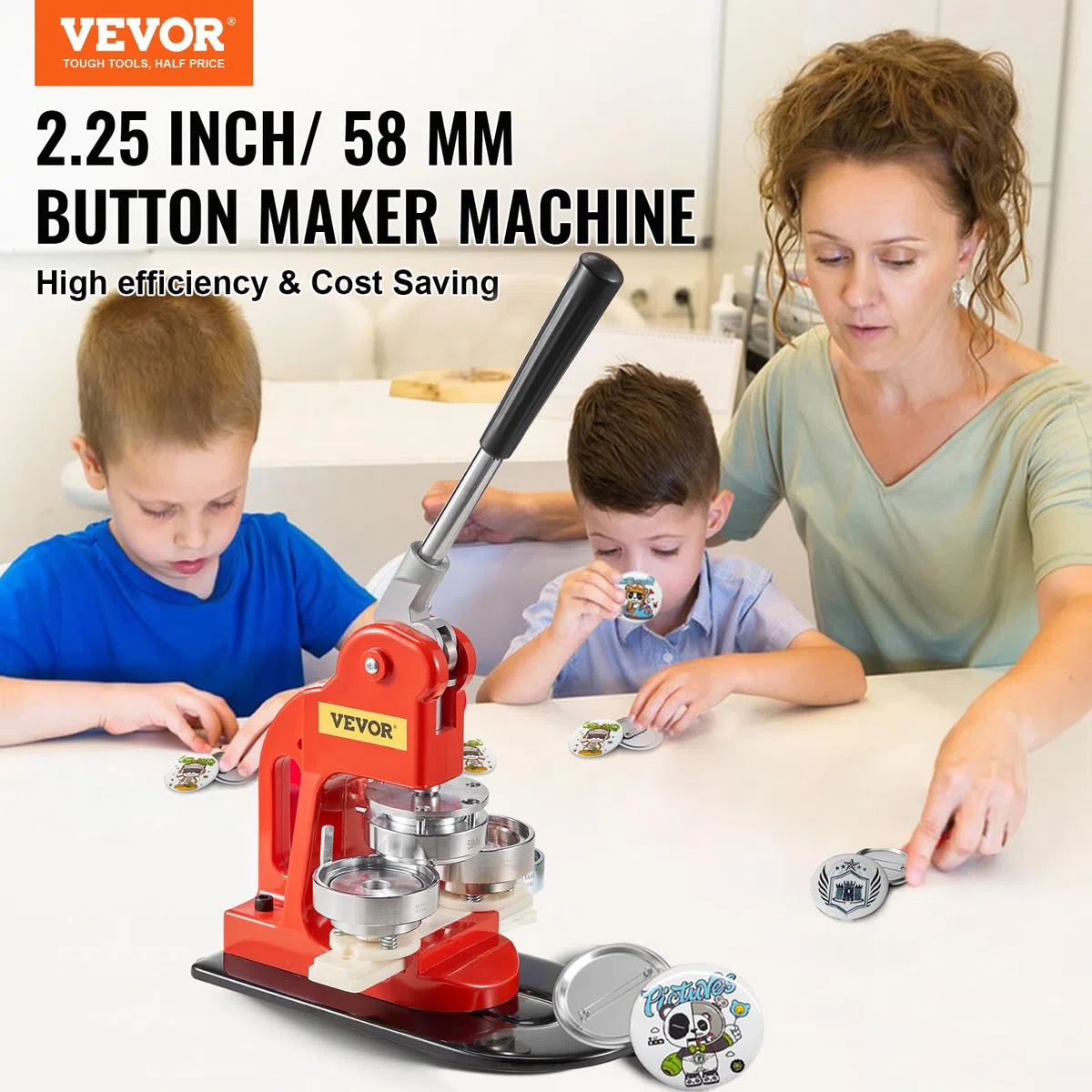 VEVOR Buttonmaschine Knopfmachermaschine 58 mm, Badge Punch Press 500 Stk. Blechdeckel, DIY Badge Press Machine Abzeichen Button Maker, 250 Stk. Kunststoffunterteile + 250 Eisenunterteile Badge Maker