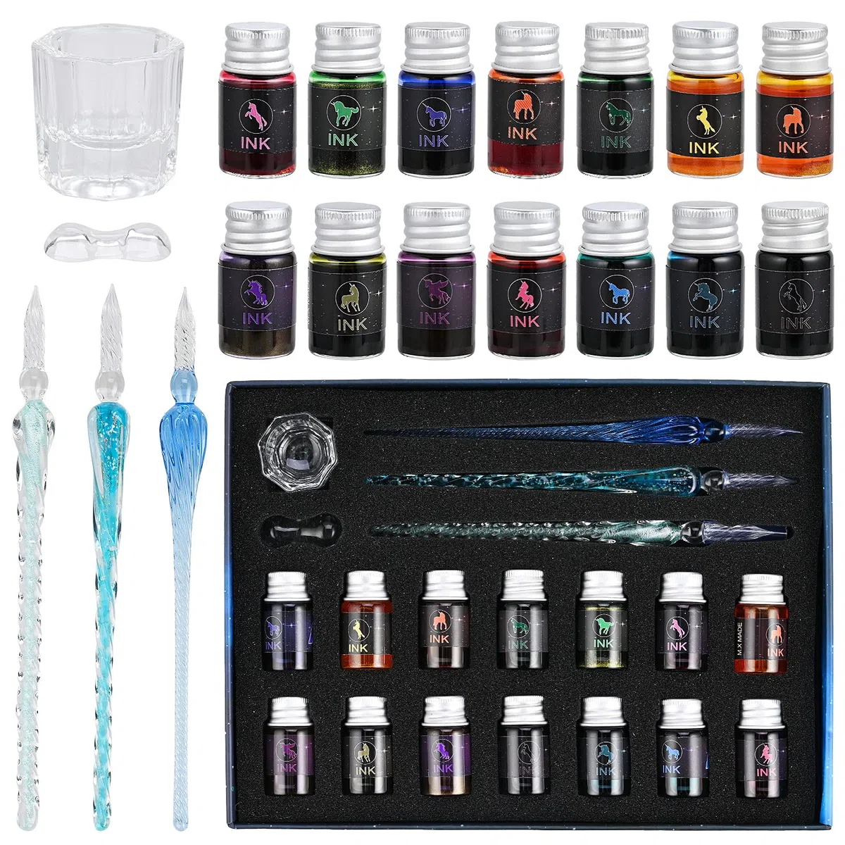 GOLDGE Federhalter aus Glas, 19PCS Glasstifte Set Kalligraphie Glasfederhalter mit Glasstifte Bunte Tinten Glasstifthalter Stifthalter für Unterschrift Handschrift Dekorationsgeschenk