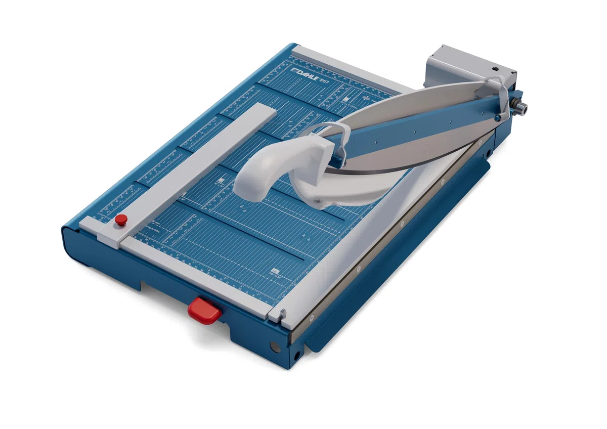 Dahle 867 Hebel-Schneidemaschine mit Sicherheitsautomatik (460 mm bis DIN A3, Schnitthöhe 3,5 mm, Metalltisch) Blau