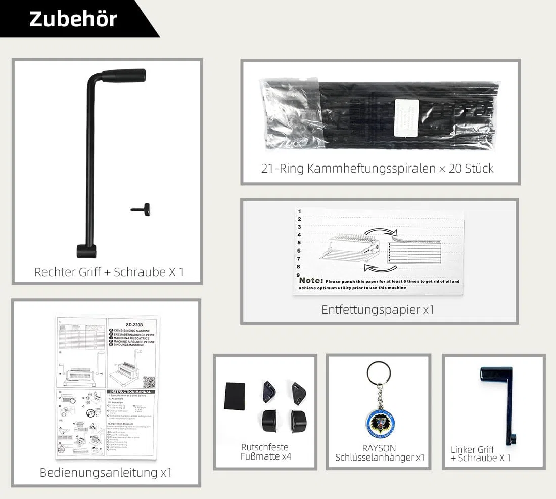 RAYSON Plastik-Bindekamm Bindegerät, 21 Löcher, Bindet 400 Blatt, SD-220B | Robuste Metallkonstruktion, 21 herausnehmbare Stanzmesser, Kostenloses Bindematerial im Lieferumfang enthalten