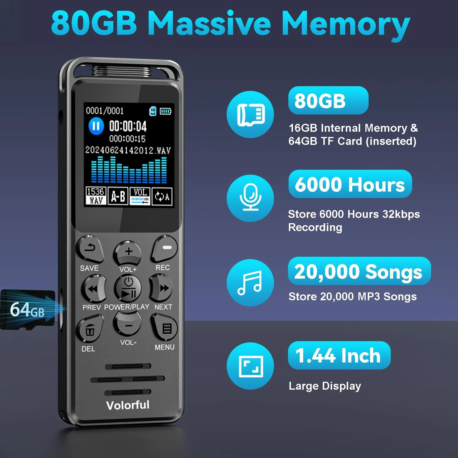 80GB Diktiergerät Digital 70 Std Aufnahmegerät, Volorful 1,44" Farbbildschirm Voice Audio Recorder, MP3 Player, USB-C Diktiergeräte mit Spracherkennung/Wiedergabe für Meeting Interview Vortrag