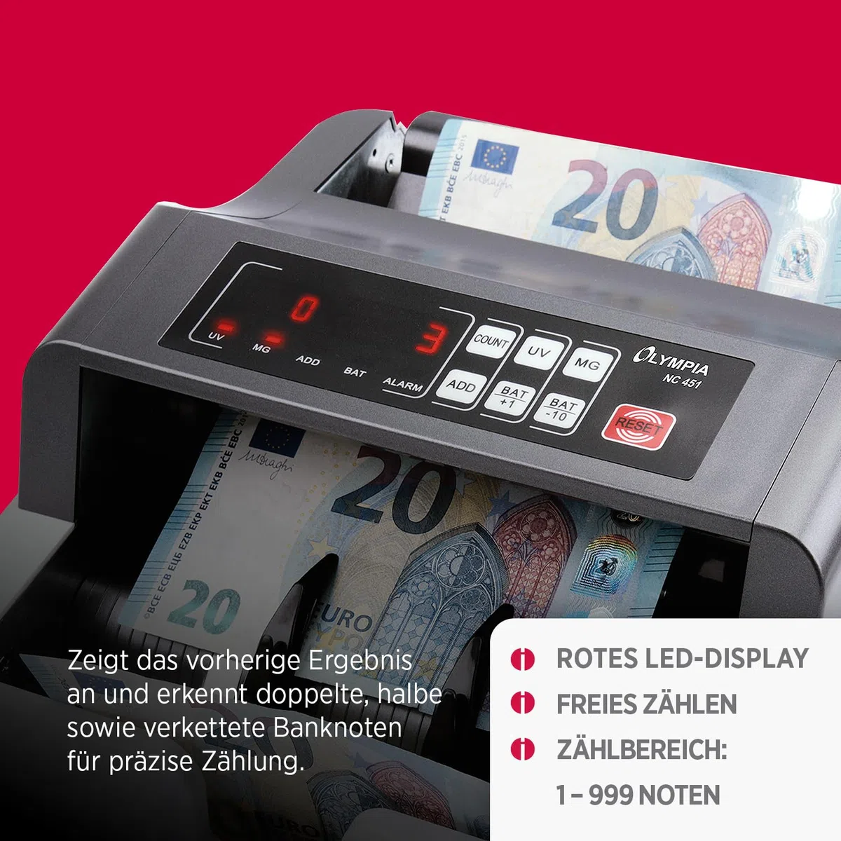 Olympia NC 452 Akku Geldzählmaschine & Geldscheinprüfer | Falschgeld Prüfer | Geldzählmaschine Scheine | Banknotenzähler mit UV MG Sensoren | LCD Display | Zählmaschine für Geldscheine & Banknoten