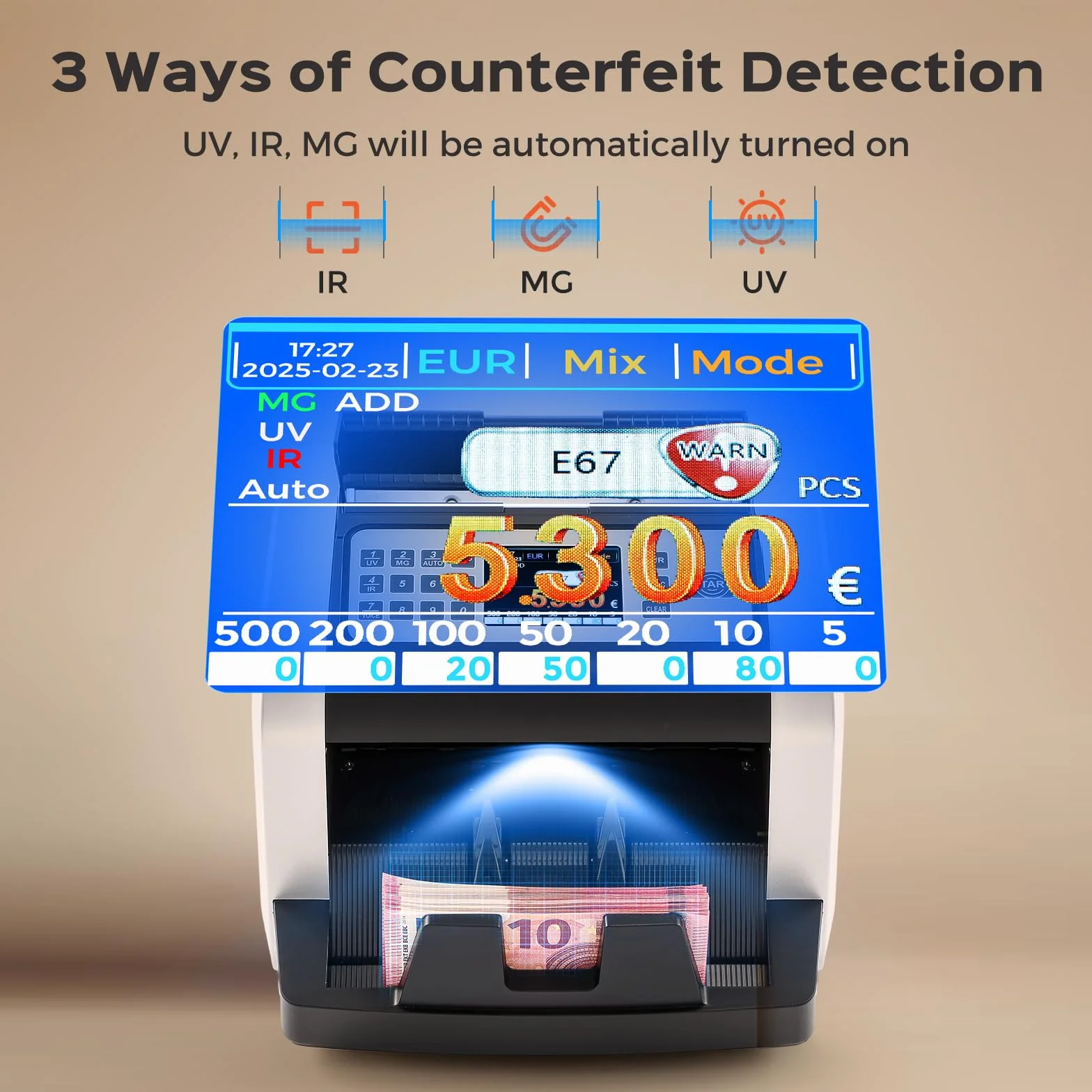 Bonvoisin Geldzählmaschine Scheine, Wertzählung für gemischte EUR-Banknoten mit UV/MG/IR-Falschgelderkennung, 1000 Stück/min, Professionell Banknotenzähler mit externem Display