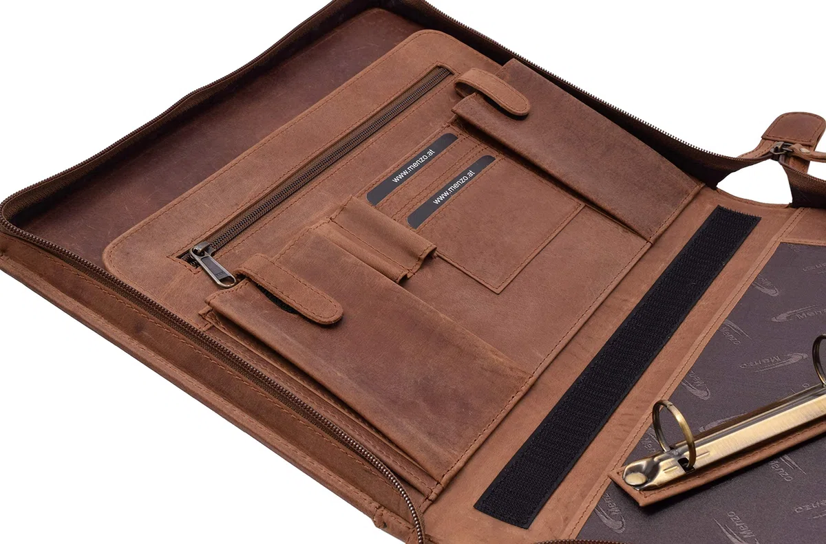 MENZO Lederschreibmappe, Dokumentenmappe, echtes Büffelleder Ledermappe, Schreibmappe, Businessmappe, Messenger bag, Mappe für Ringeinlagen, Konferenzmappe, Ledermappe, (braun/dunkelbraun)