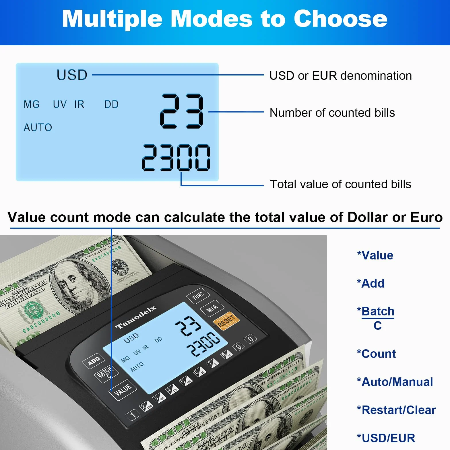 Geldzählmaschine, EUR USD GBP-Geldzähler, UV/MG-Erkennung, 1000 Blatt/min, LCD-Display, 2 Jahre Garantie, Kann gemischte Noten nicht zähle NX-270