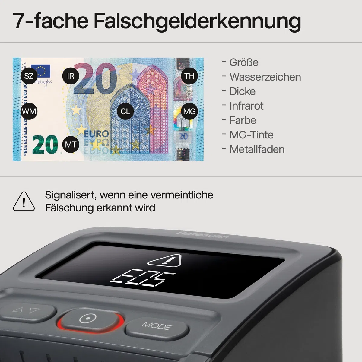 Safescan 155-S & RS-100 automatischer Geldscheinprüfer zur schnellen Überprüfung von Geldscheinen - Falschgeldprüfgerät mit 7-facher Echtheitsprüfung - 100% genaues Prüfgerät inkl. Banknotenstapler