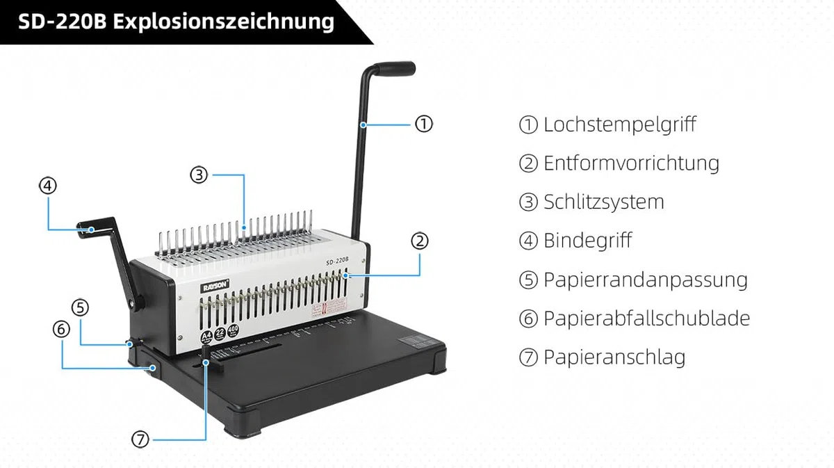 RAYSON Plastik-Bindekamm Bindegerät, 21 Löcher, Bindet 400 Blatt, SD-220B | Robuste Metallkonstruktion, 21 herausnehmbare Stanzmesser, Kostenloses Bindematerial im Lieferumfang enthalten