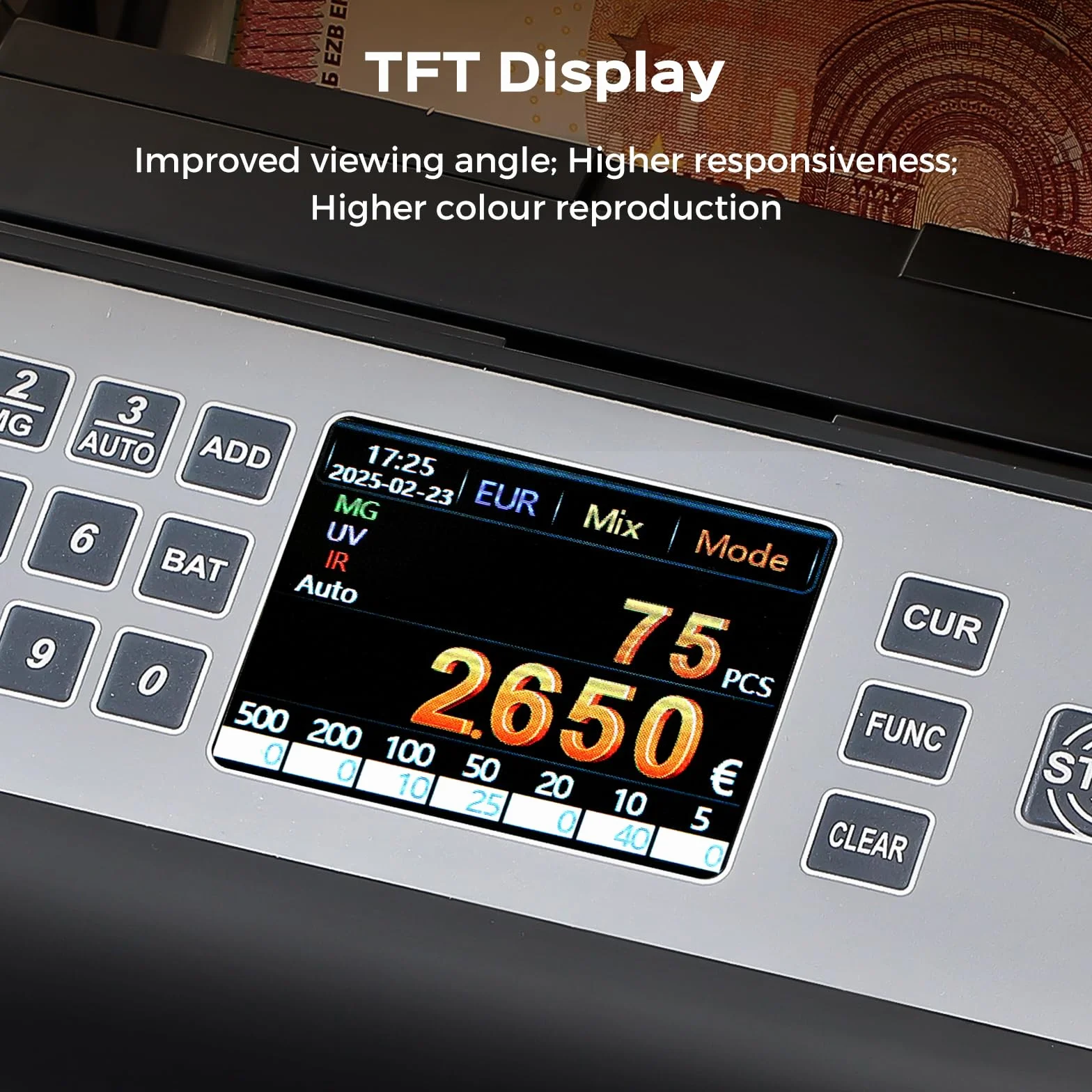 Bonvoisin Geldzählmaschine Scheine, Wertzählung für gemischte EUR-Banknoten mit UV/MG/IR-Falschgelderkennung, 1000 Stück/min, Professionell Banknotenzähler mit externem Display