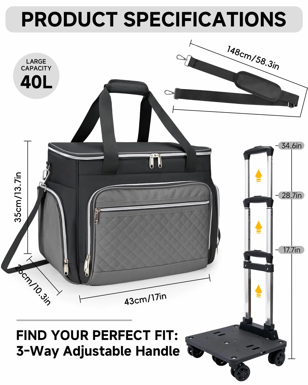Amythe Lehrertasche mit Rollen Damen mit Akkordeon-Aktenordner, Abnehmbarer Trolley mit 5 Rädern mit Gepolsterten Taschen für 15.6 Zoll Laptop Reisen/Schule/Büro, Schwarz
