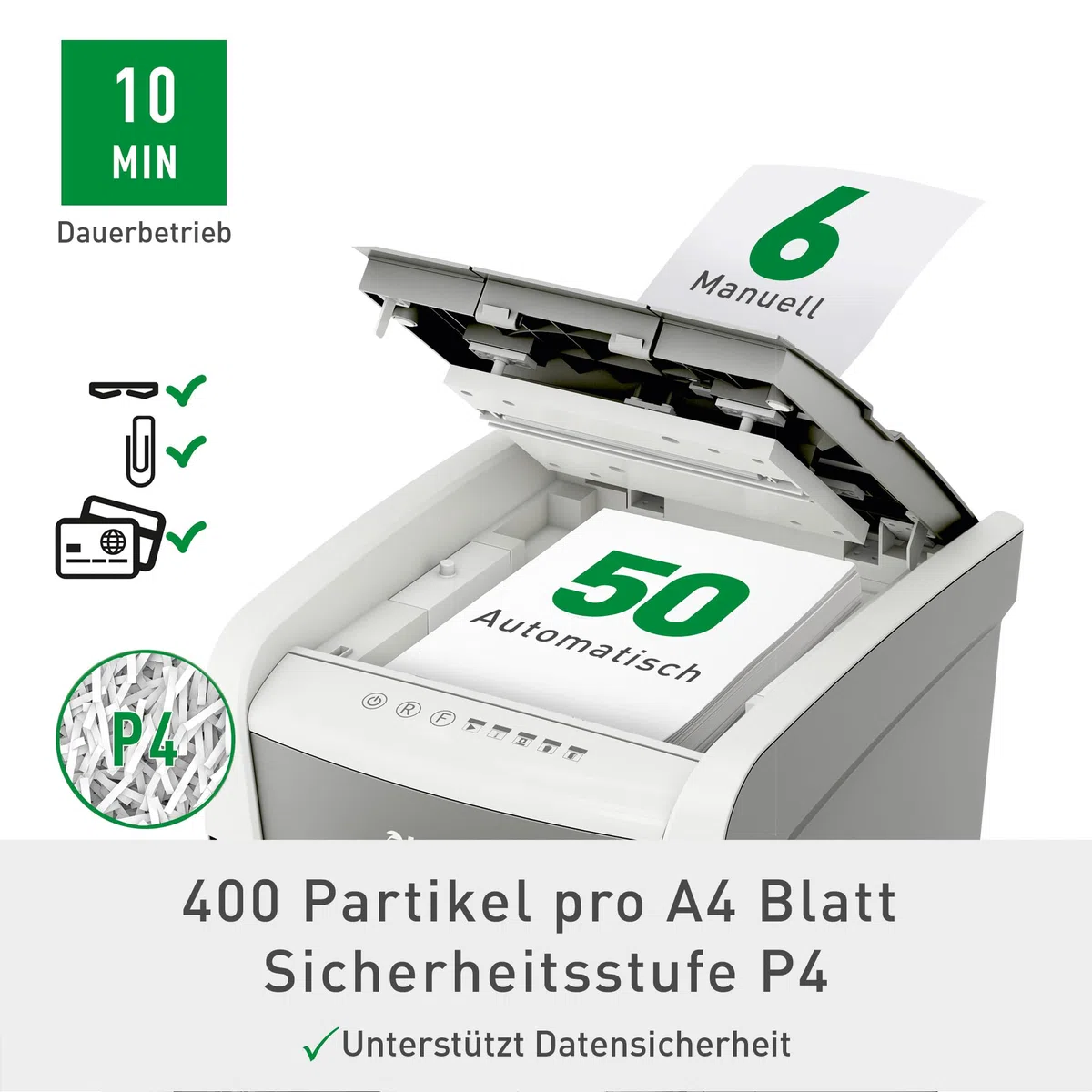 Leitz IQ Autofeed Small Office Aktenvernichter, 50 Blatt Papierstapel schreddern, Zeit sparen mit automatischem Einzug, Partikelschnitt P4, 20L Abfallbehälter, Leiser Betrieb für Büro, 80350000