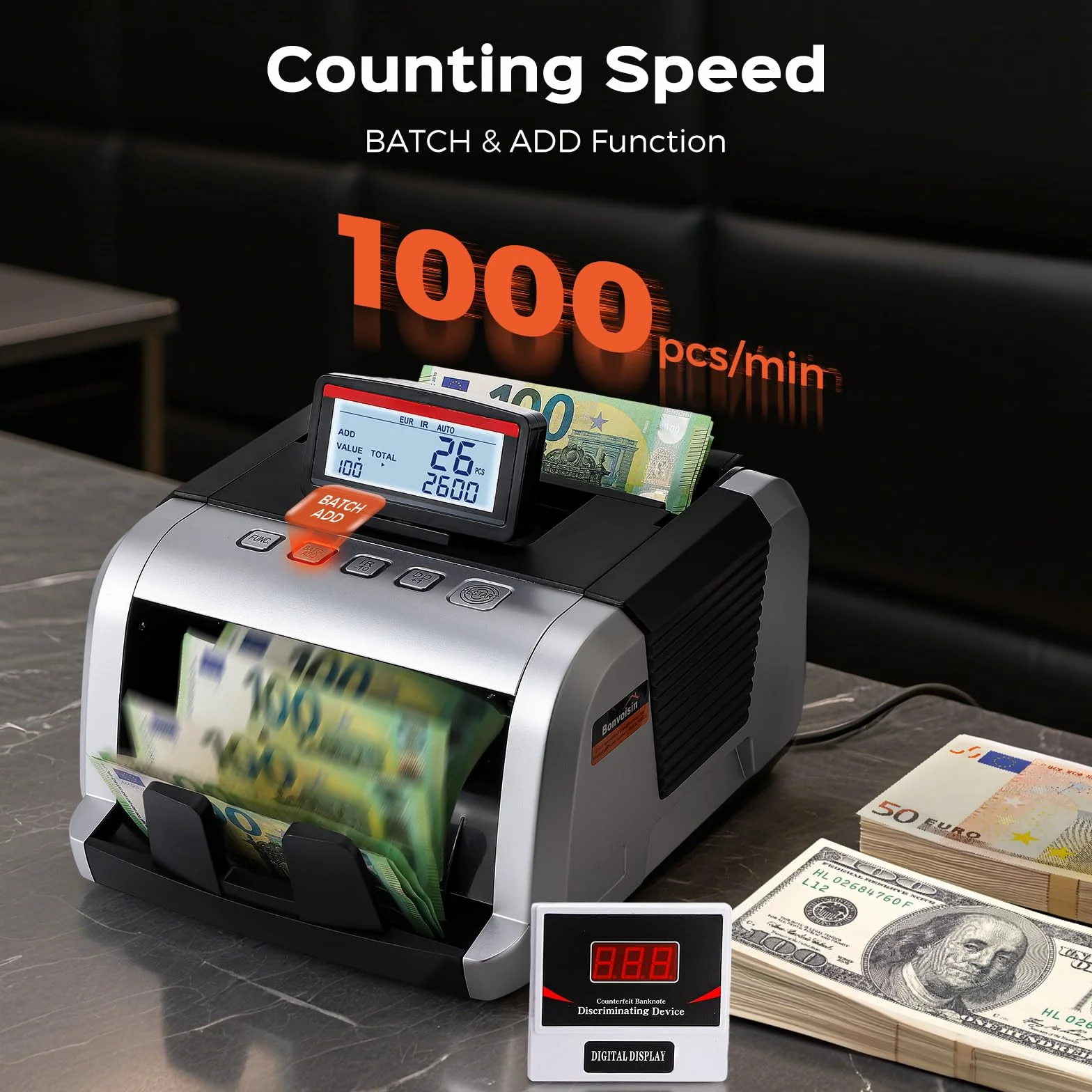 Bonvoisin Geldzählmaschine Scheine, Wertzählung für Sortierte Banknoten mit UV/MG/IR Falschgelderkennung, 1000 Stück/Min, Banknotenzähler mit Klapp- und Drehbarem Display