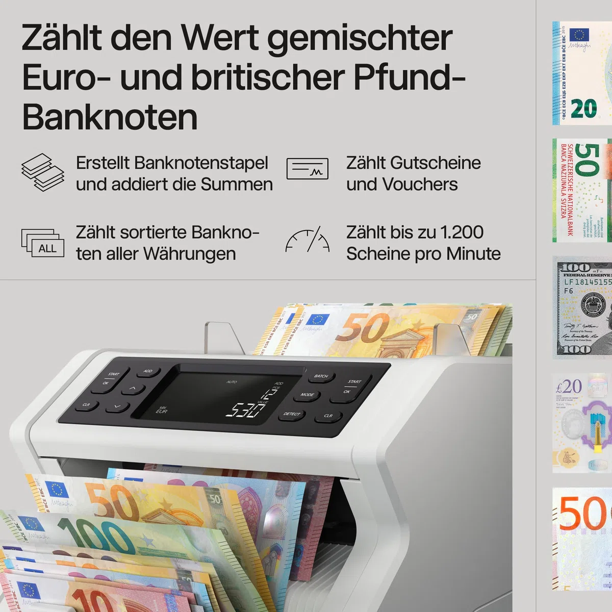 Safescan 2265 Geldzählmaschine, Wertzählung für gemischte EUR- und GBP-Banknoten - Banknotenzähler mit 6-facher Echtheitsprüfung - zählt sortierte Banknoten aller Währungen